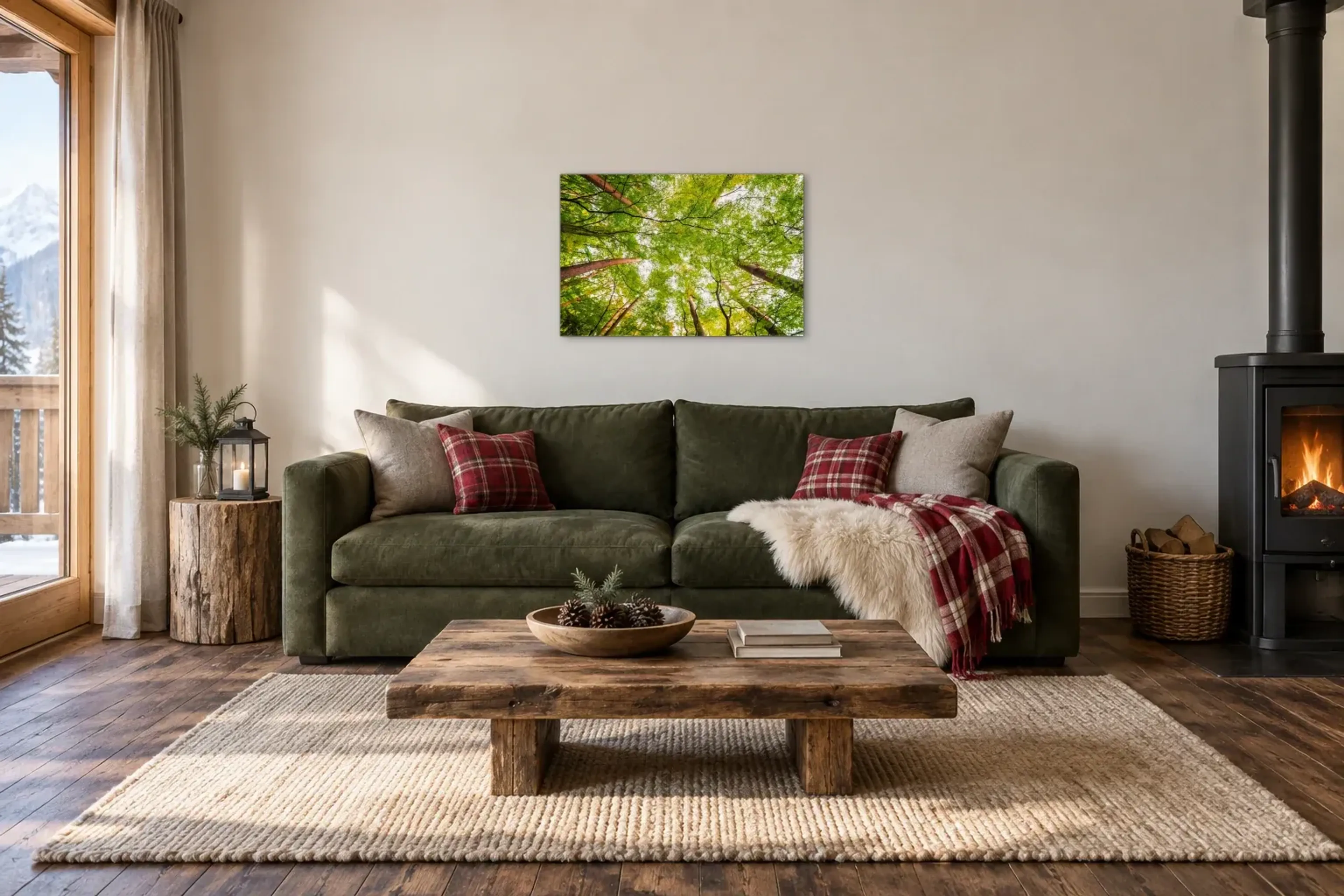 Blick zu den Baumwipfeln als Wandbild über einem 220-cm-Sofa
