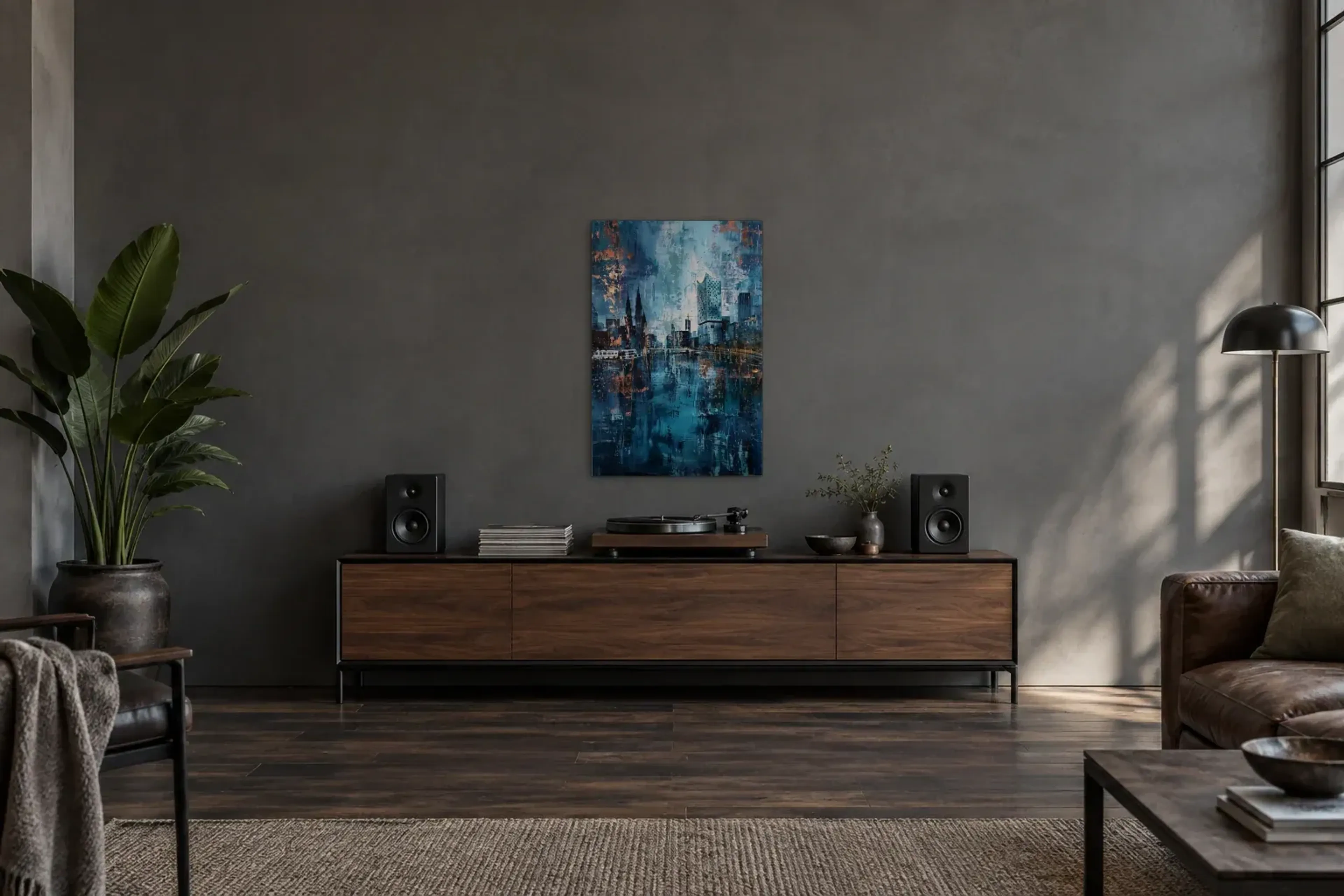 Hamburg in blauen Strukturen als Wandbild über einem 200-cm-Sideboard