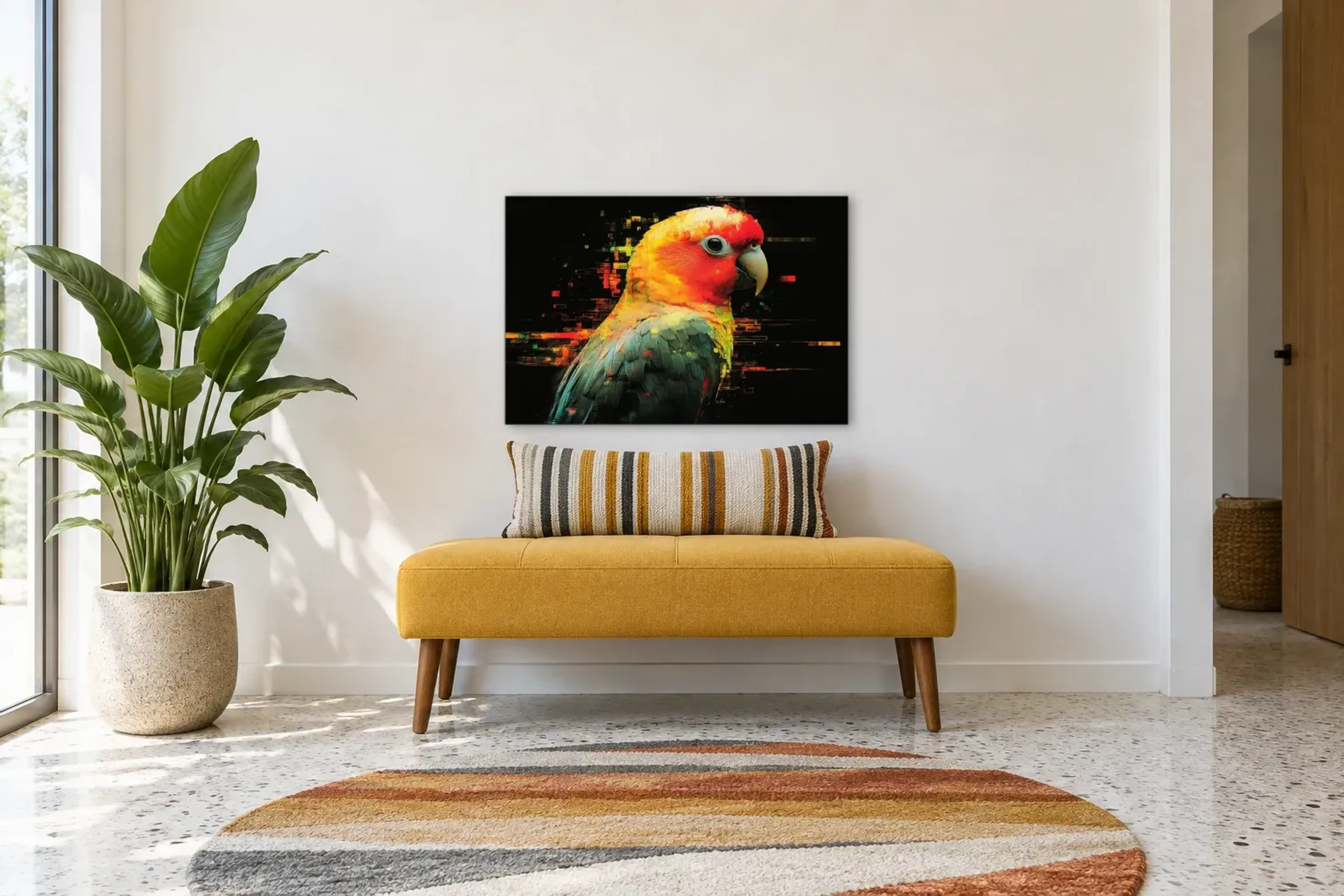 Papagei als Wandbild über einer 120-cm-Bank
