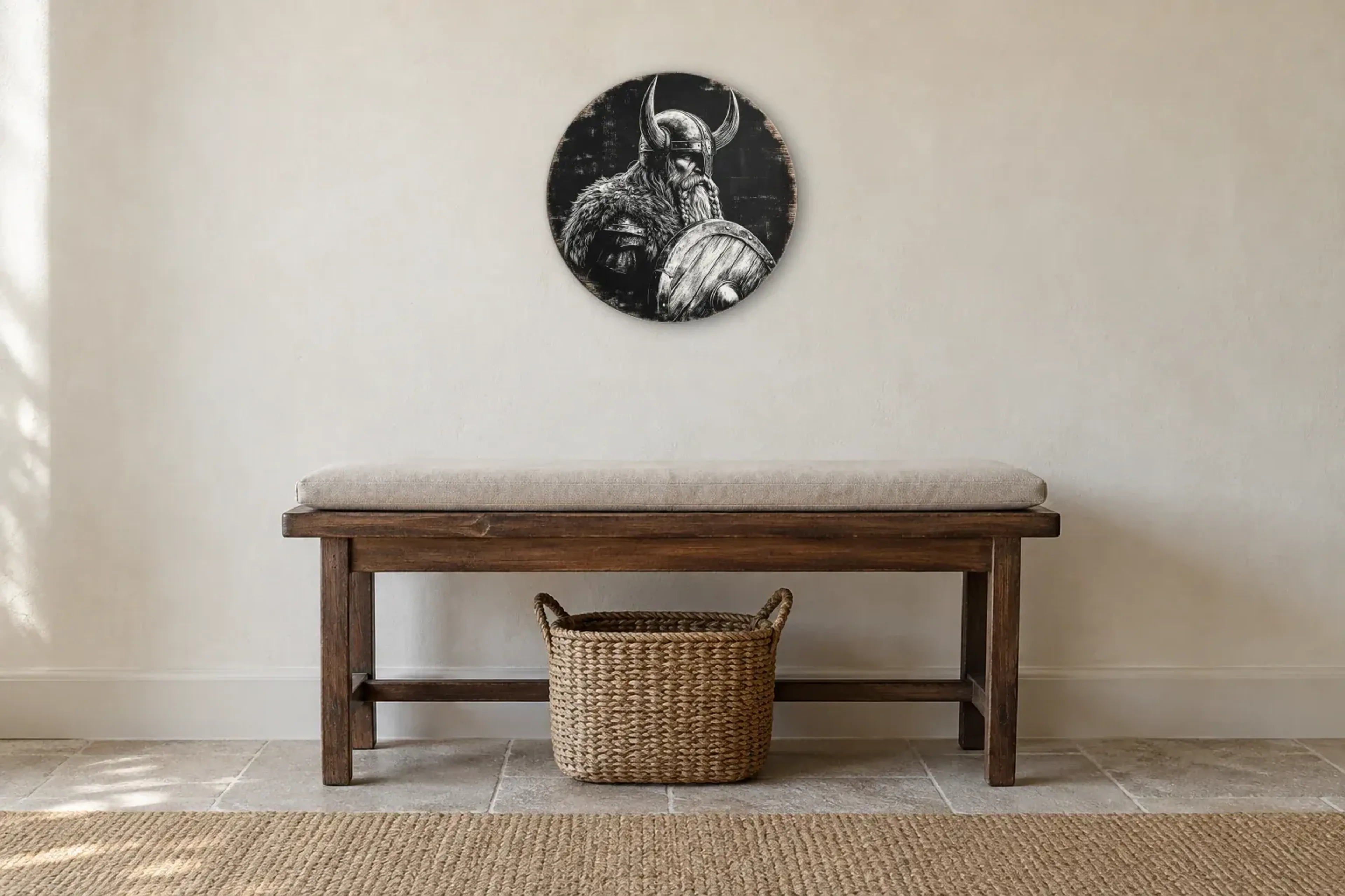 Wikinger mit Rundschild als Wandbild über einer 100-cm-Sitzbank
