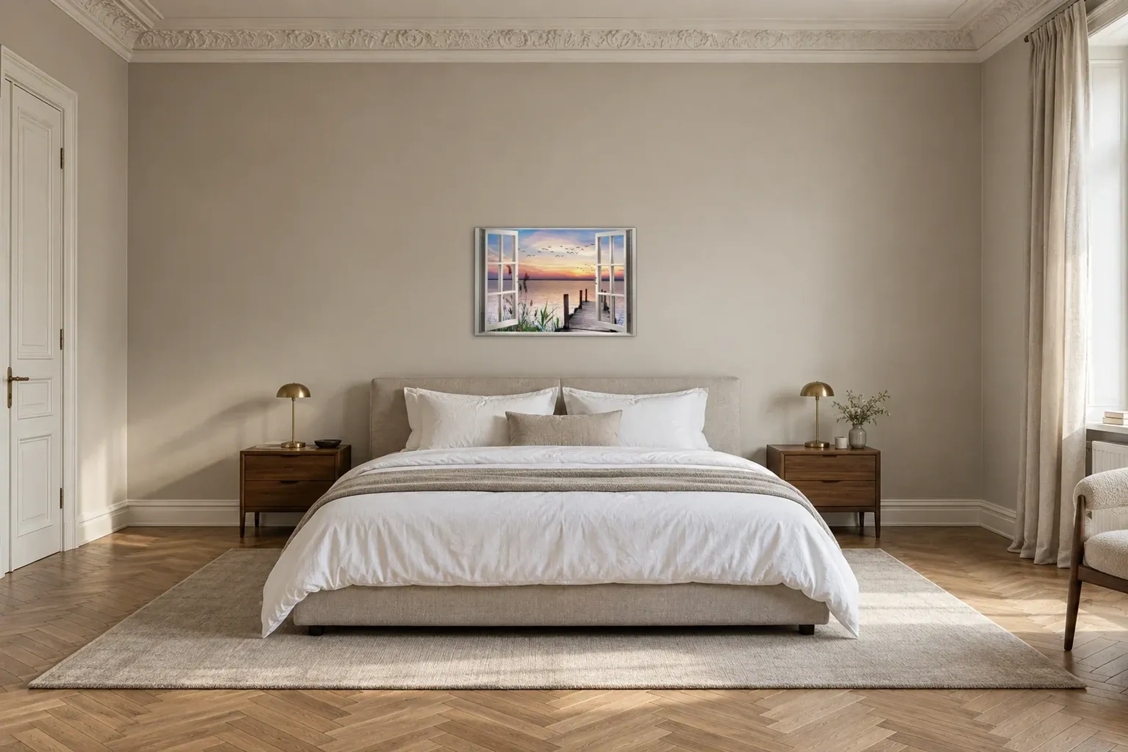 Schilf am See als Wandbild über einem 180-cm-Bett