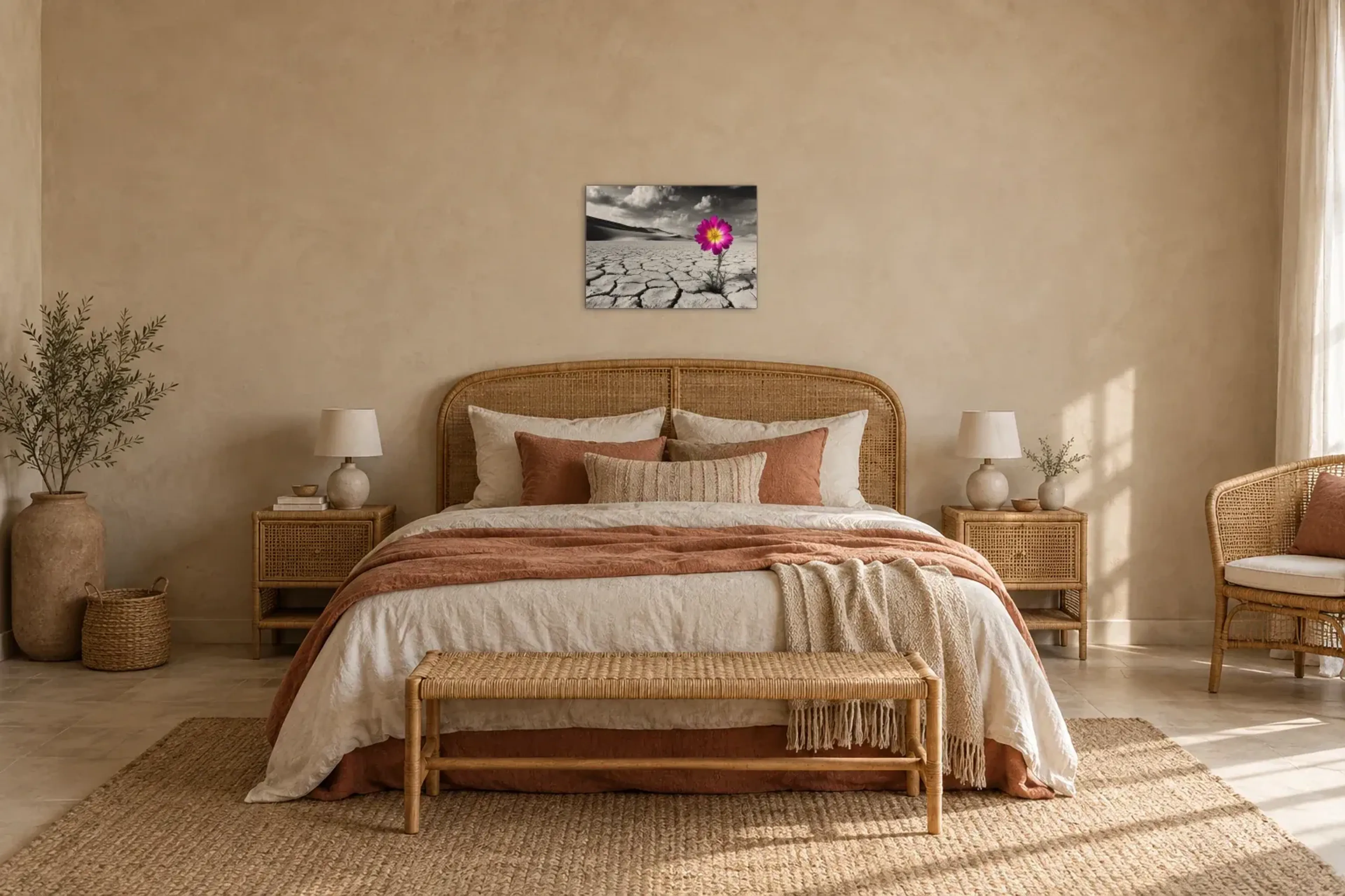 Blüte in der Wüste als Wandbild über einem 180-cm-Bett