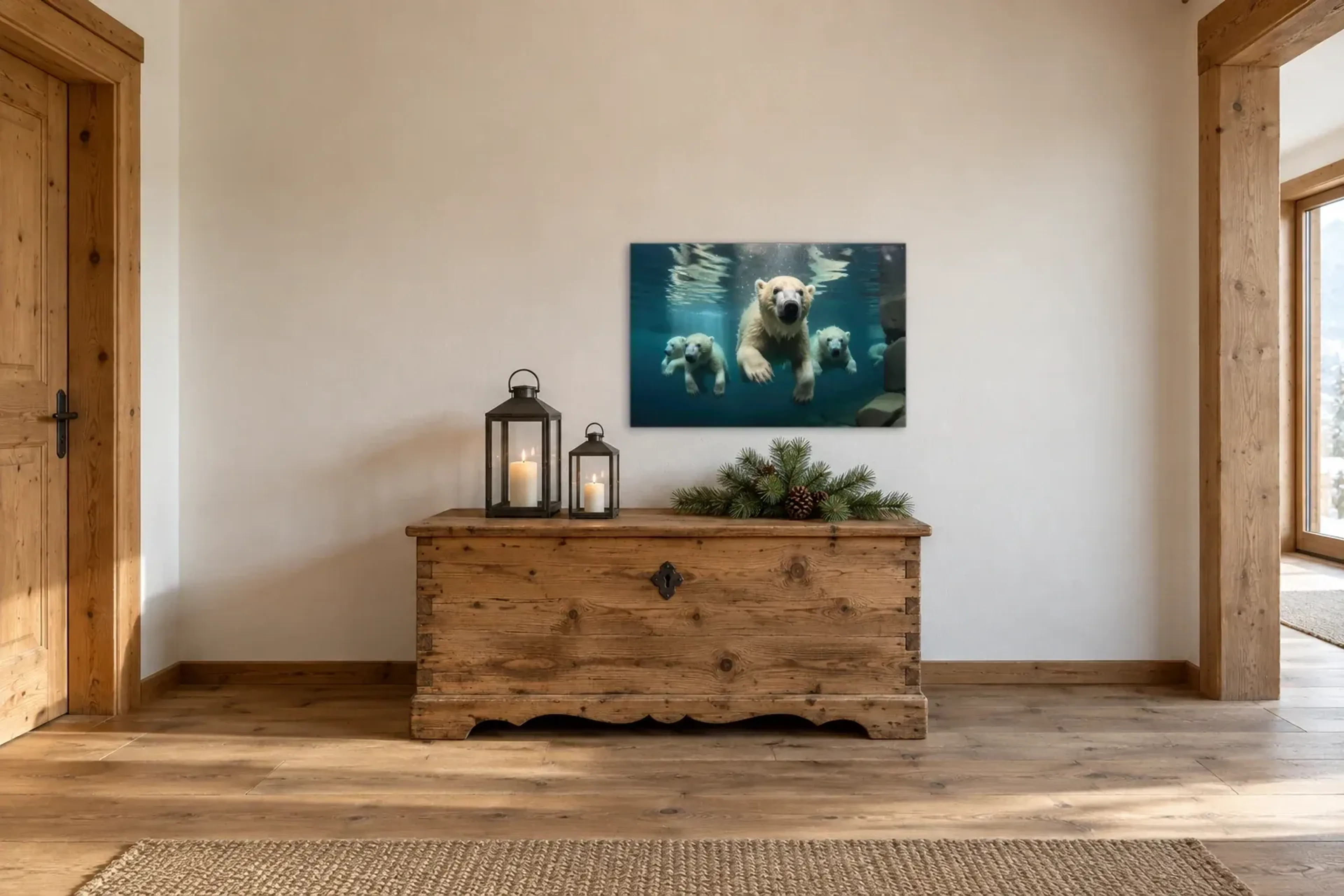Eisbären unter Wasser als Wandbild über einer 140-cm-Truhe