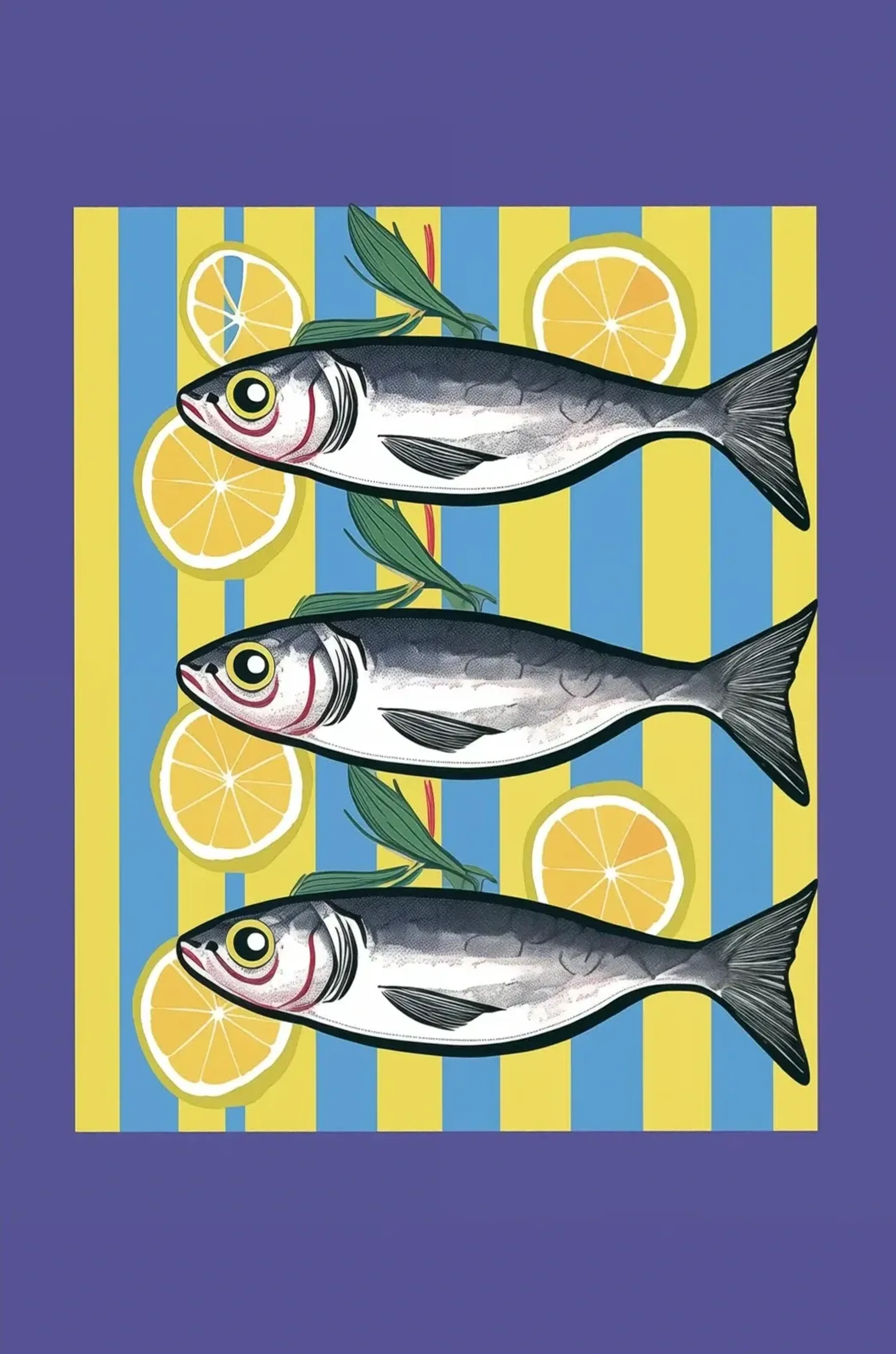 Fische zwischen Zitronen – Motiv als Wandbild auf Holz