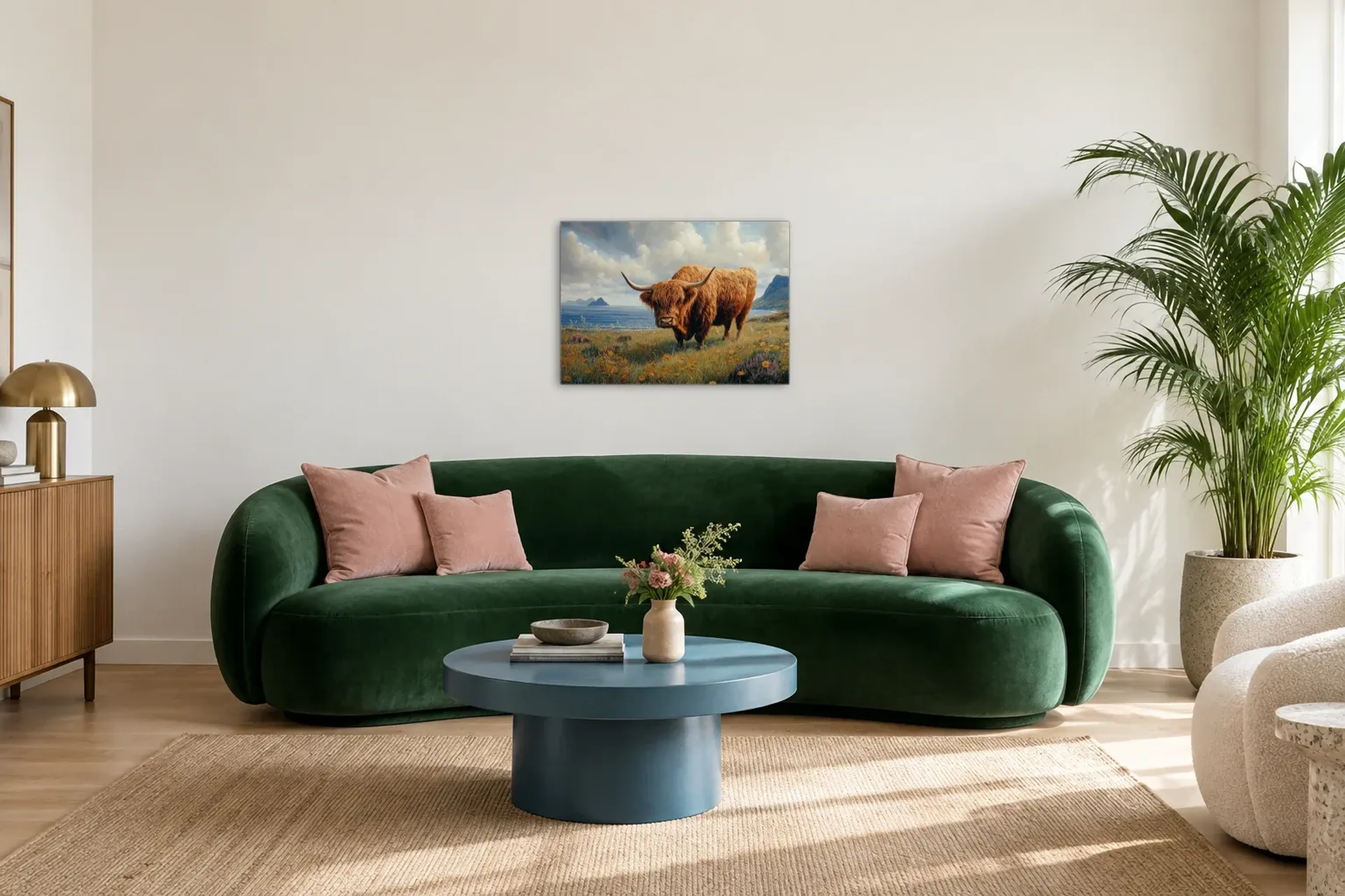 Hochlandrind an der Küste als Wandbild über einem 220-cm-Sofa