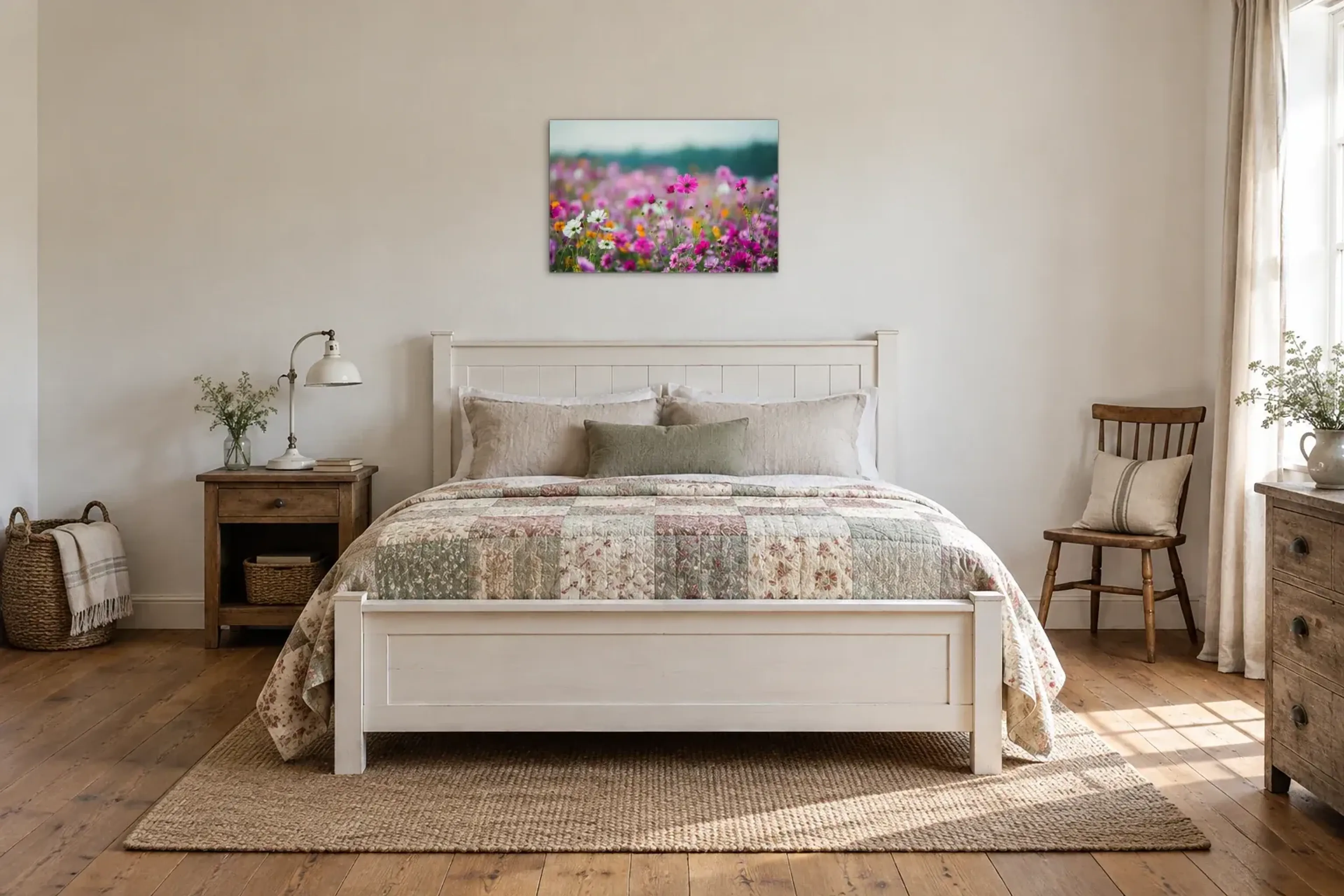 Bunte Blumenwiese als Wandbild über einem 160-cm-Bett