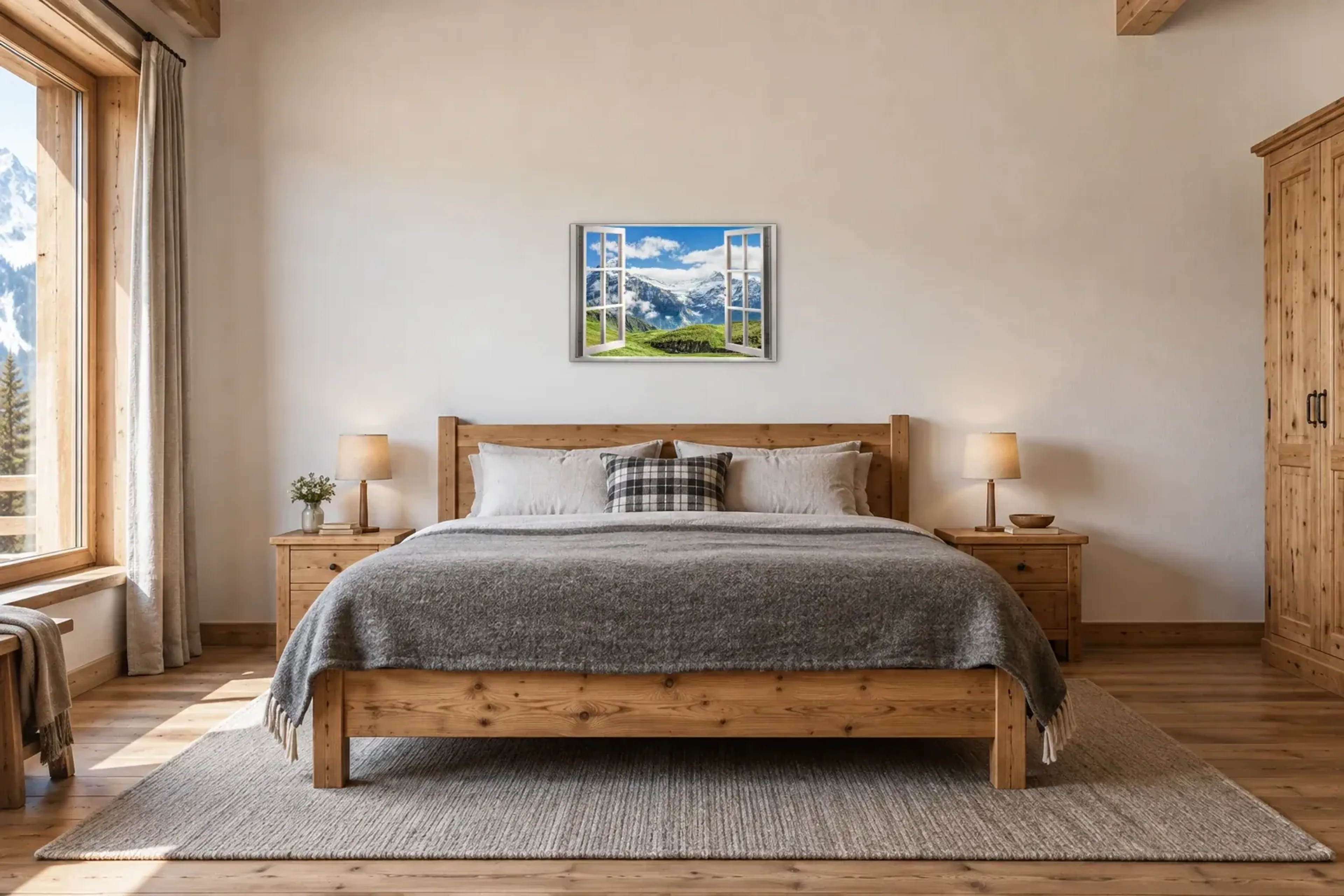 Blick auf Schneegipfel als Wandbild über einem 180-cm-Bett