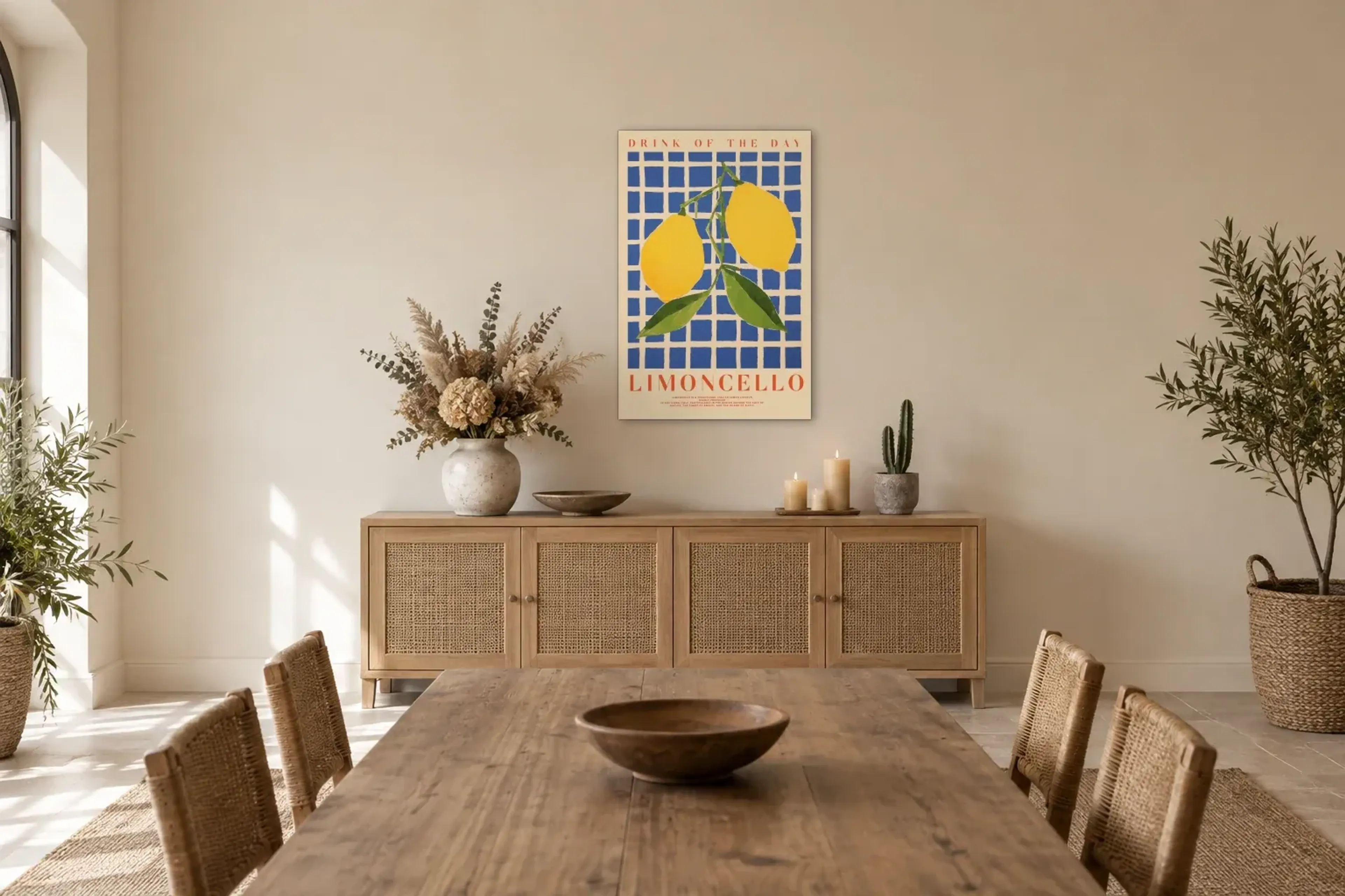 Limoncello als Wandbild über einem 160-cm-Sideboard