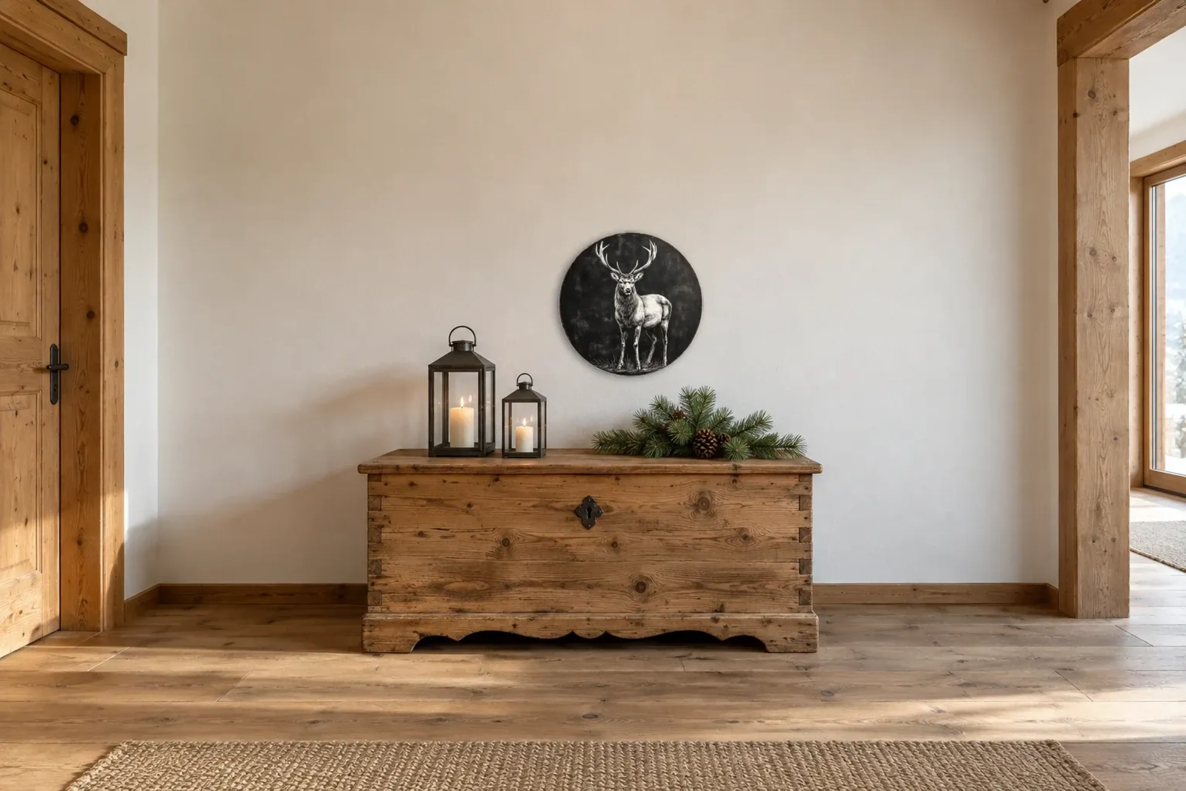 Hirsch als Wandbild über einer 140-cm-Truhe