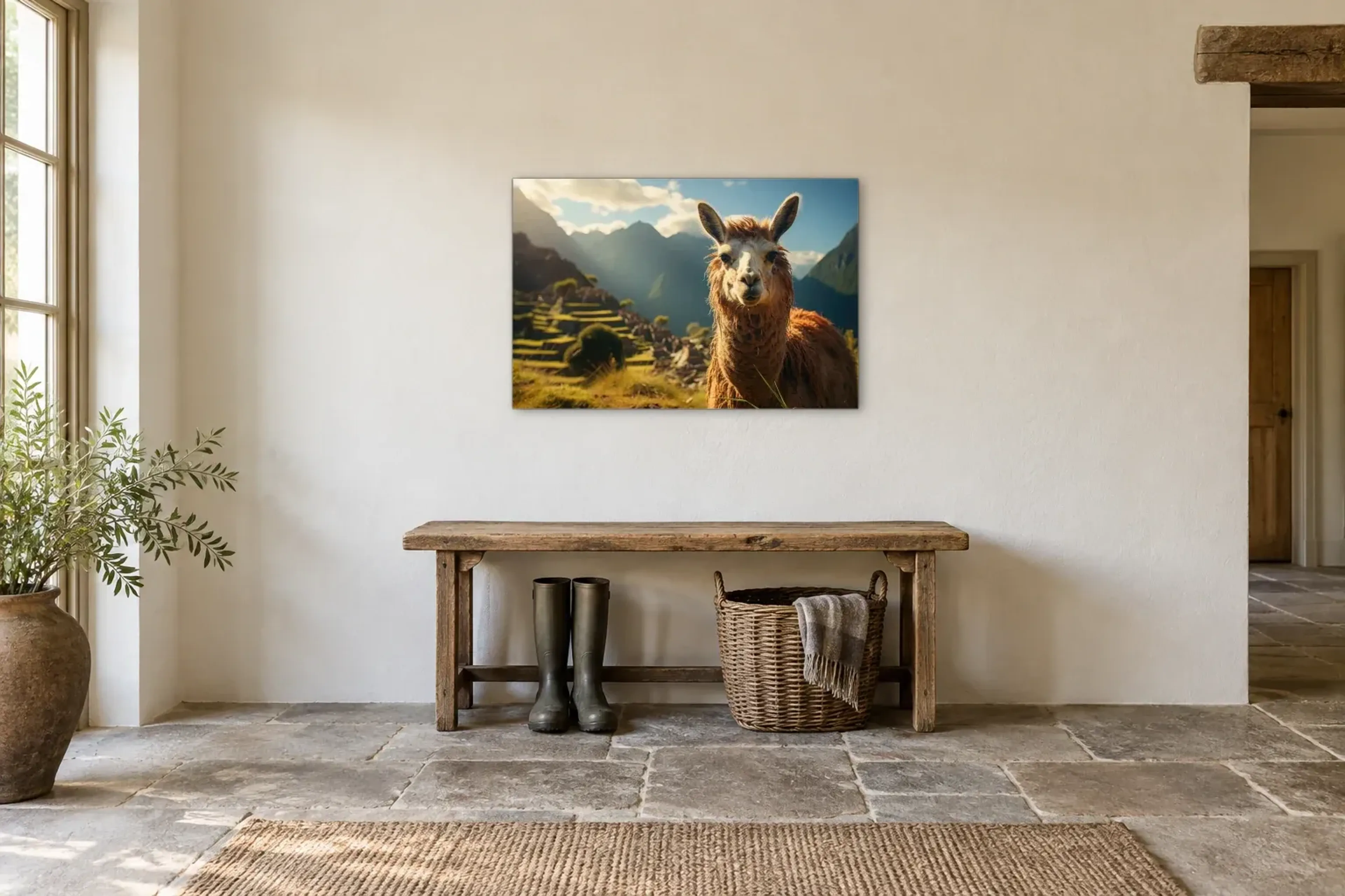 Lama in den Anden als Wandbild über einer 120-cm-Bank