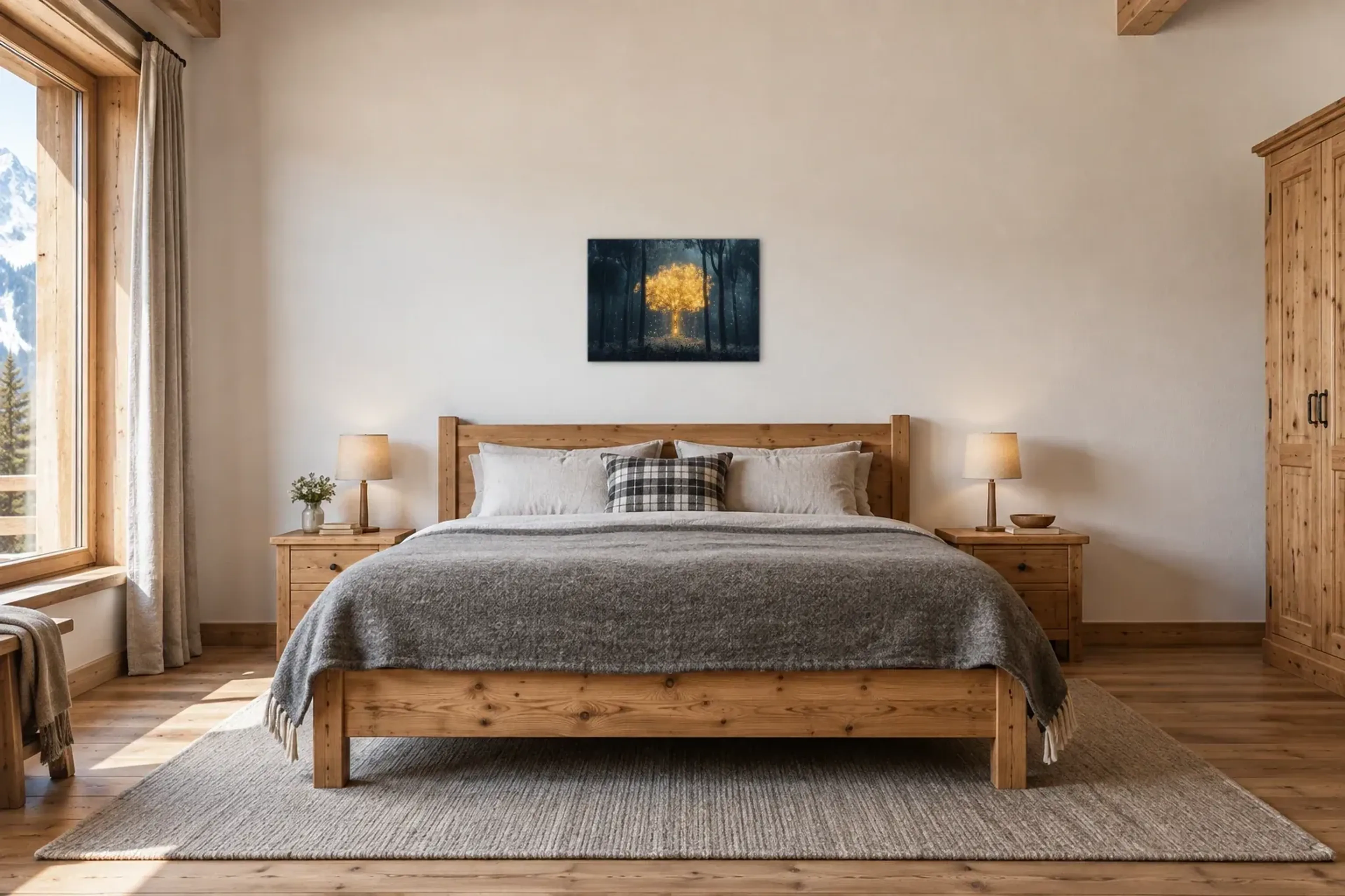 Goldener Baum im Wald als Wandbild über einem 180-cm-Bett
