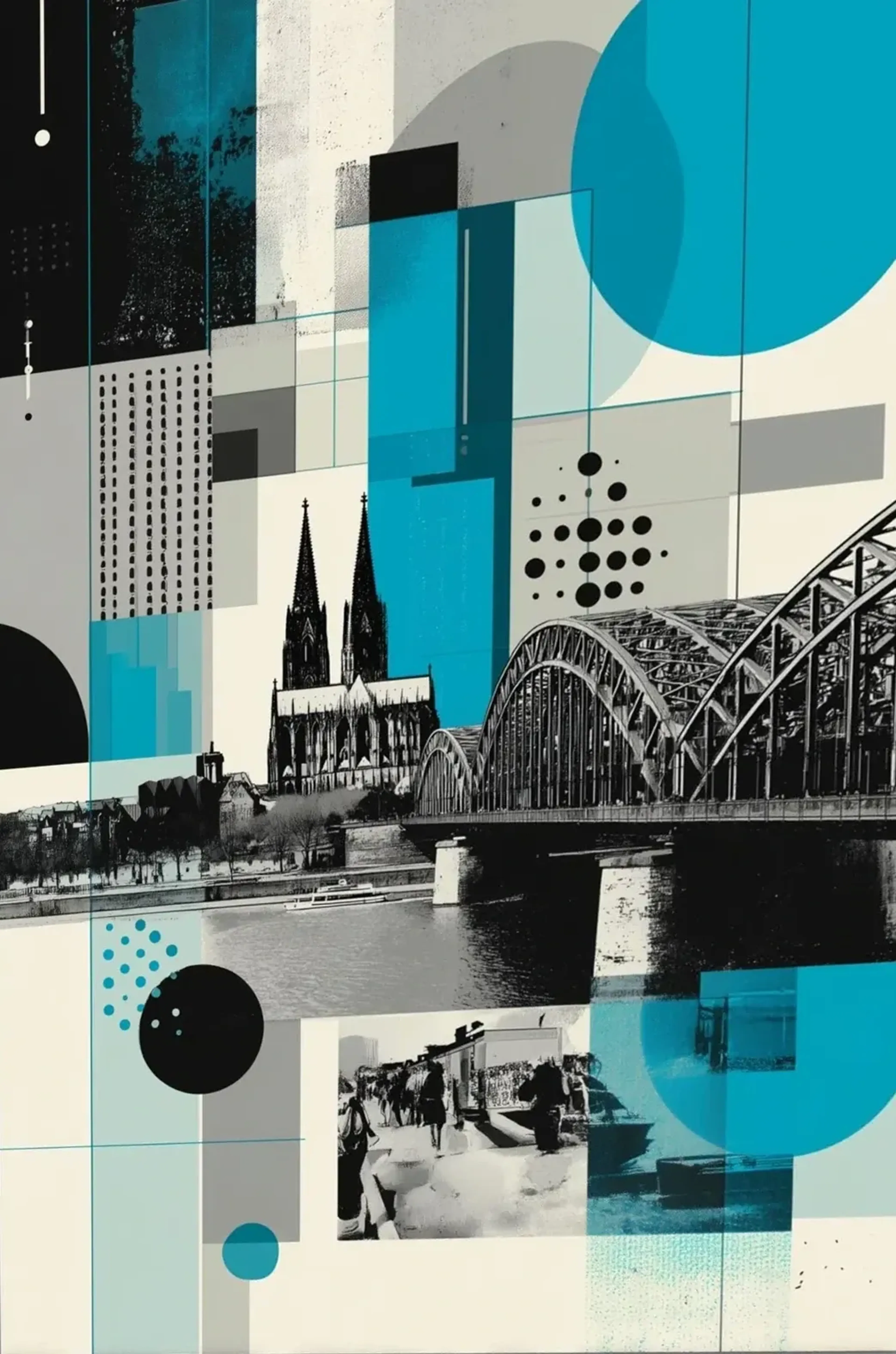 Schwarz-weiße Ansichten von Kölner Dom und Brücke zwischen türkisfarbenen Kreisen, Rechtecken und Punktmustern.