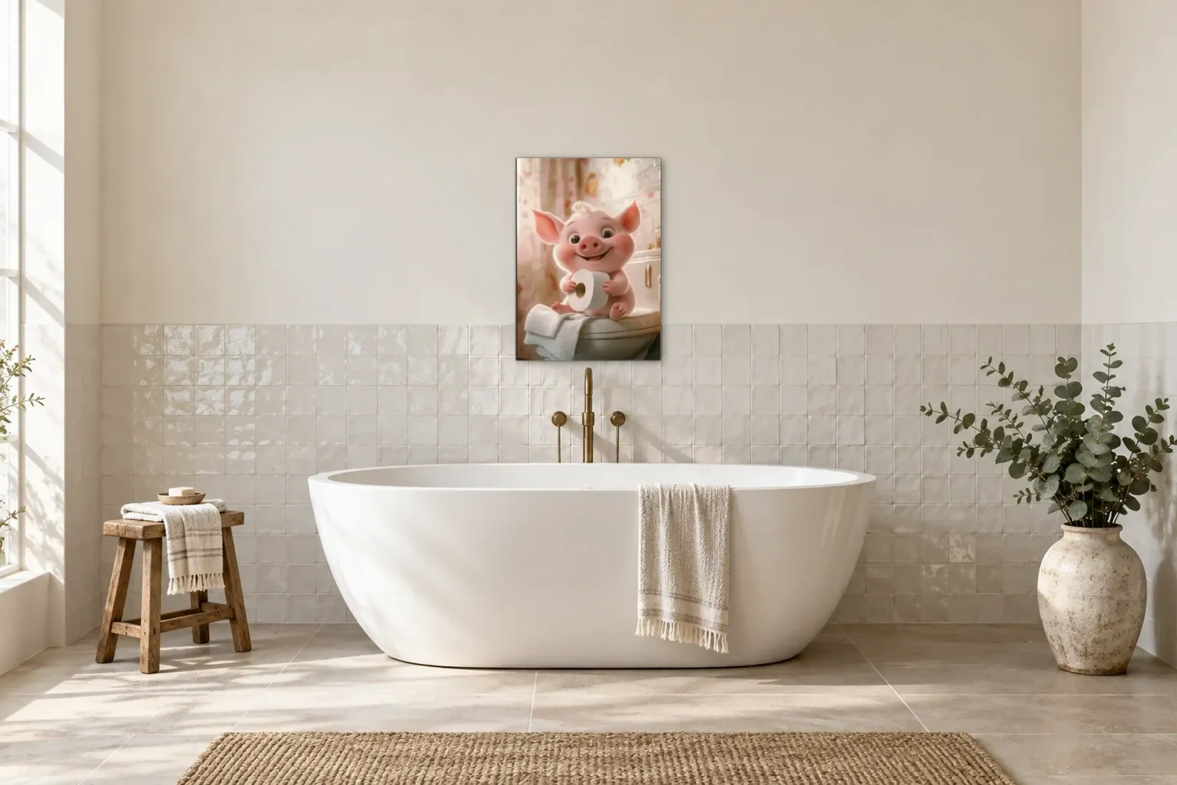 Schweinchen mit Haarlocke als Wandbild über einer 170-cm-Badewanne