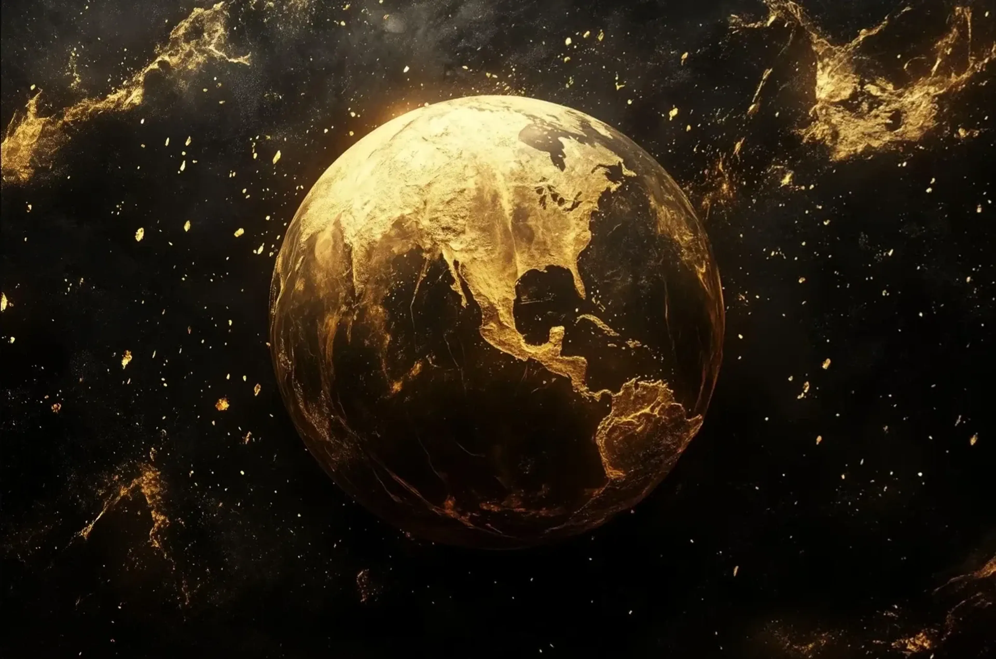 Goldfarben leuchtende Erdkugel mit Nord- und Südamerika vor schwarzem Hintergrund mit goldenen Lichtspuren.