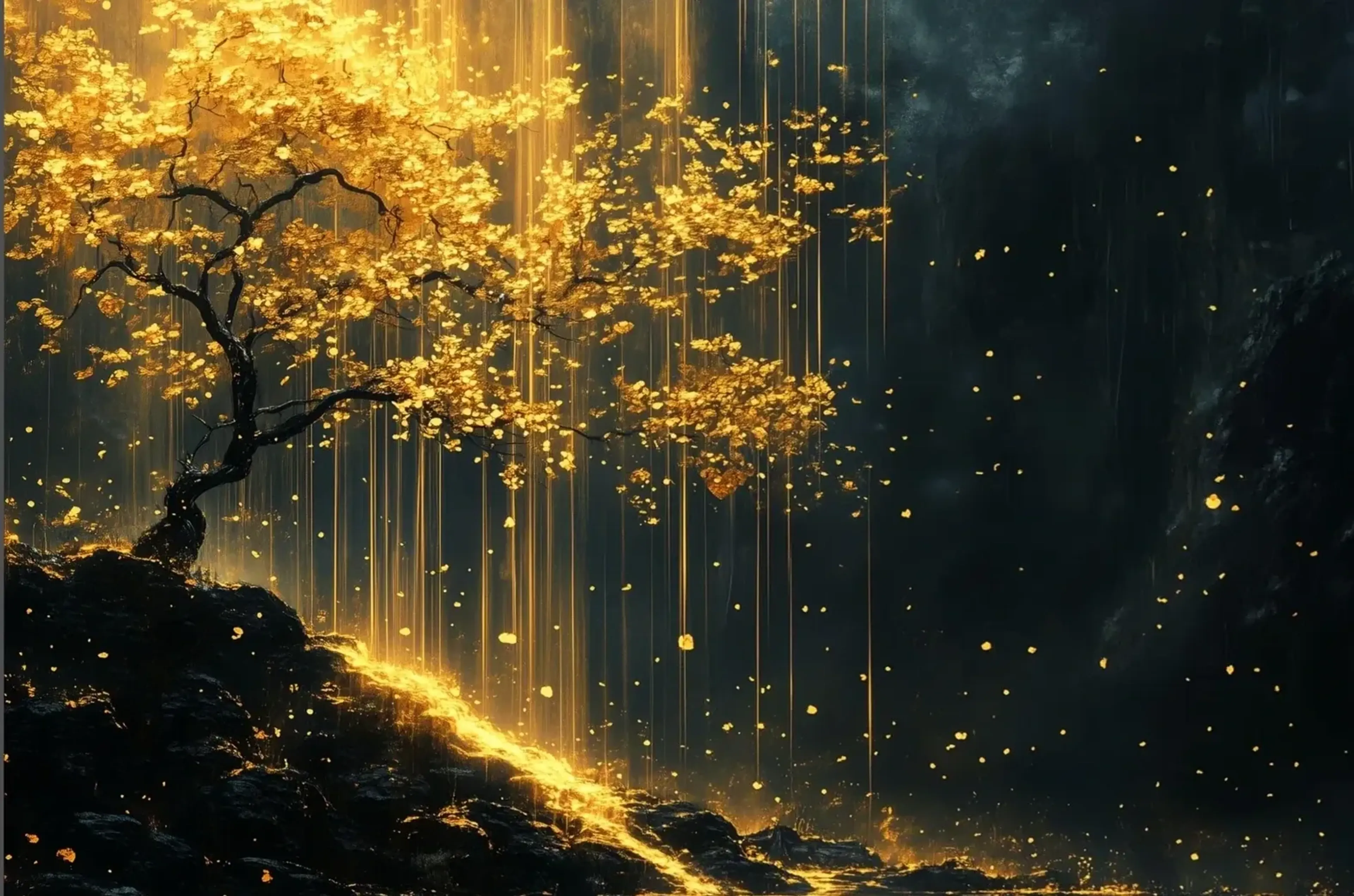 Ein goldbelaubter Baum steht auf einem dunklen Felshang, umgeben von senkrechten Lichtfäden und fallenden Blättern.