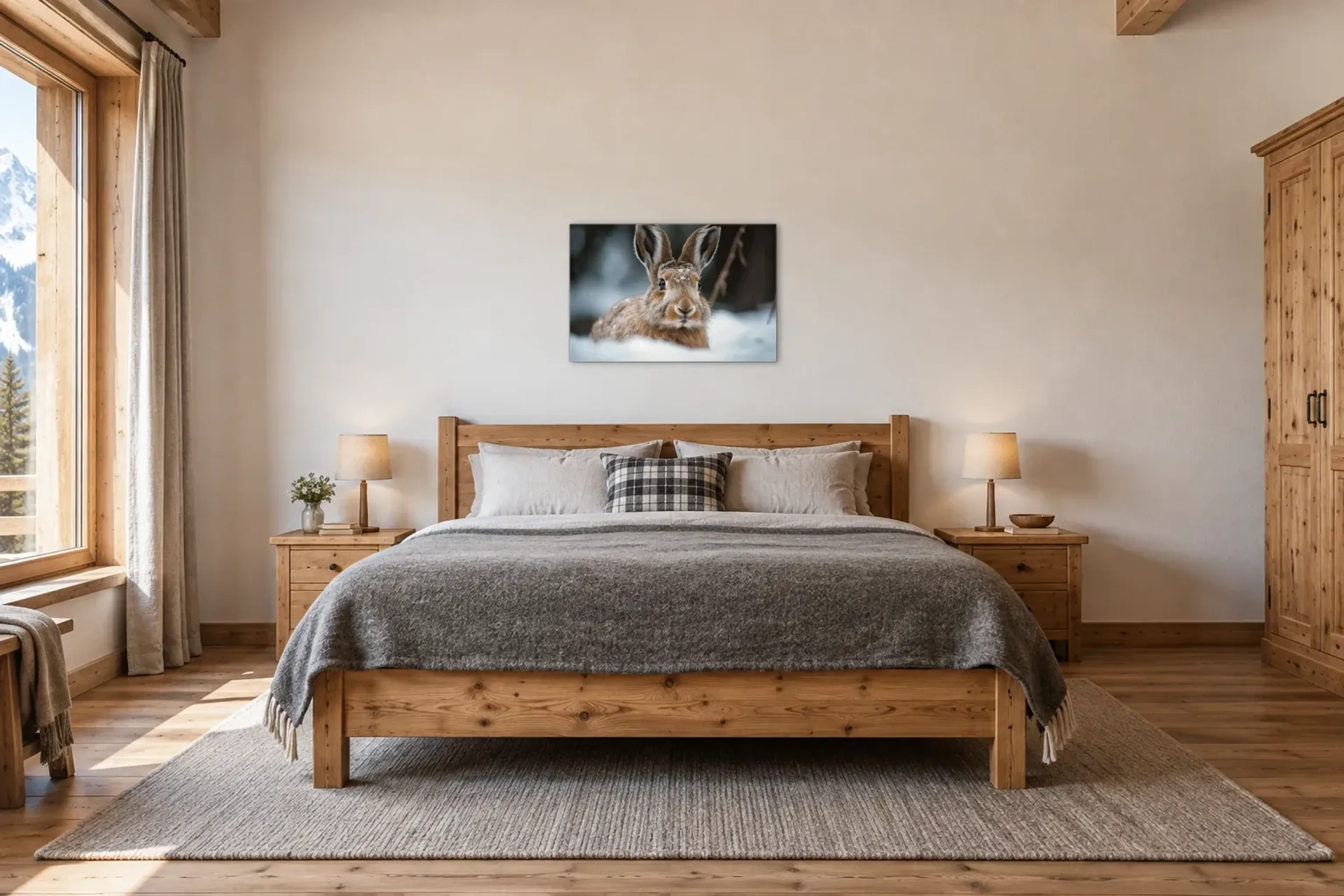 Feldhase im Schnee als Wandbild über einem 180-cm-Bett
