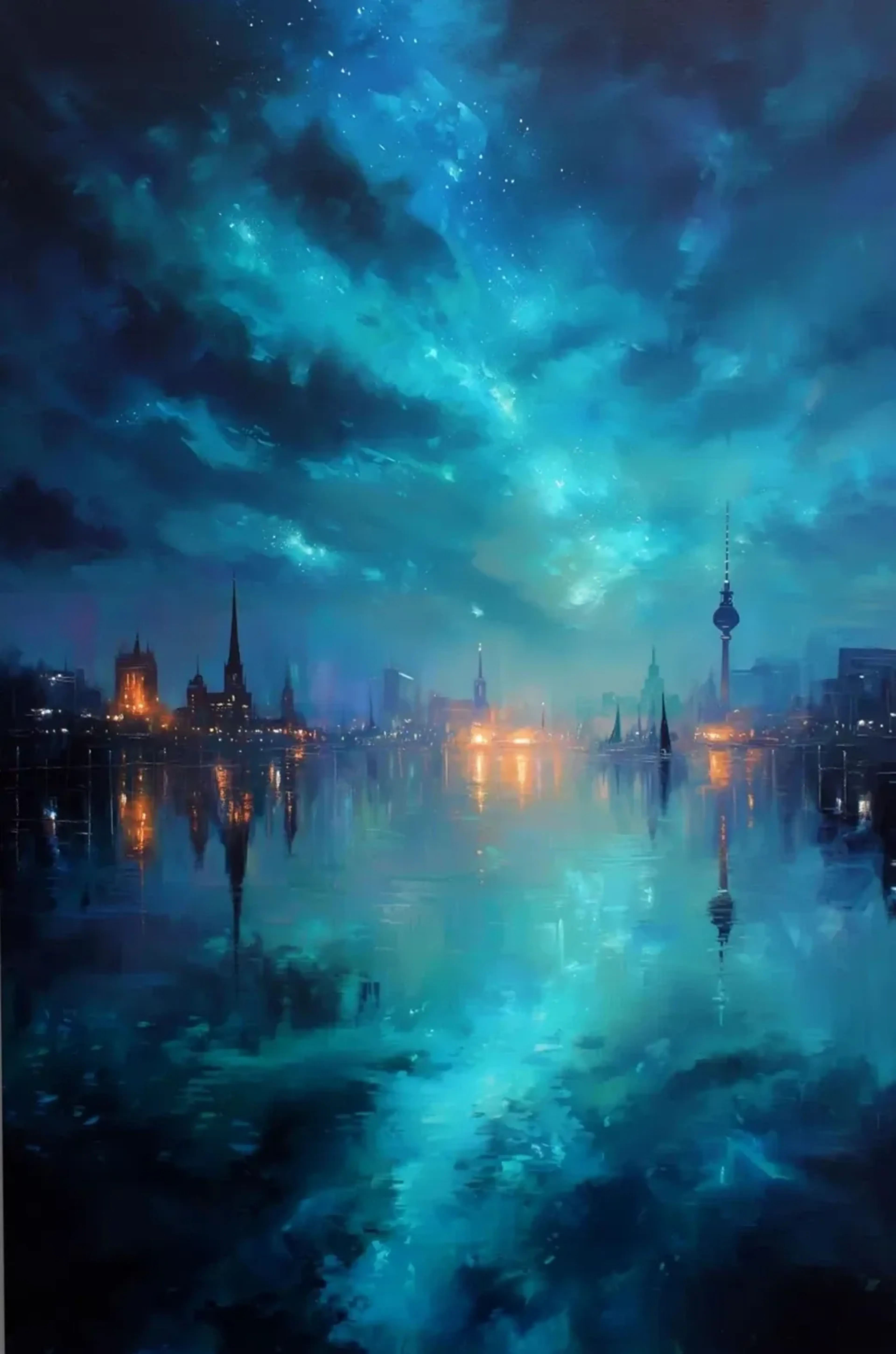 Eine dunkle Berliner Stadtsilhouette und warme Uferlichter spiegeln sich unter türkisblauen Wolken im Wasser.
