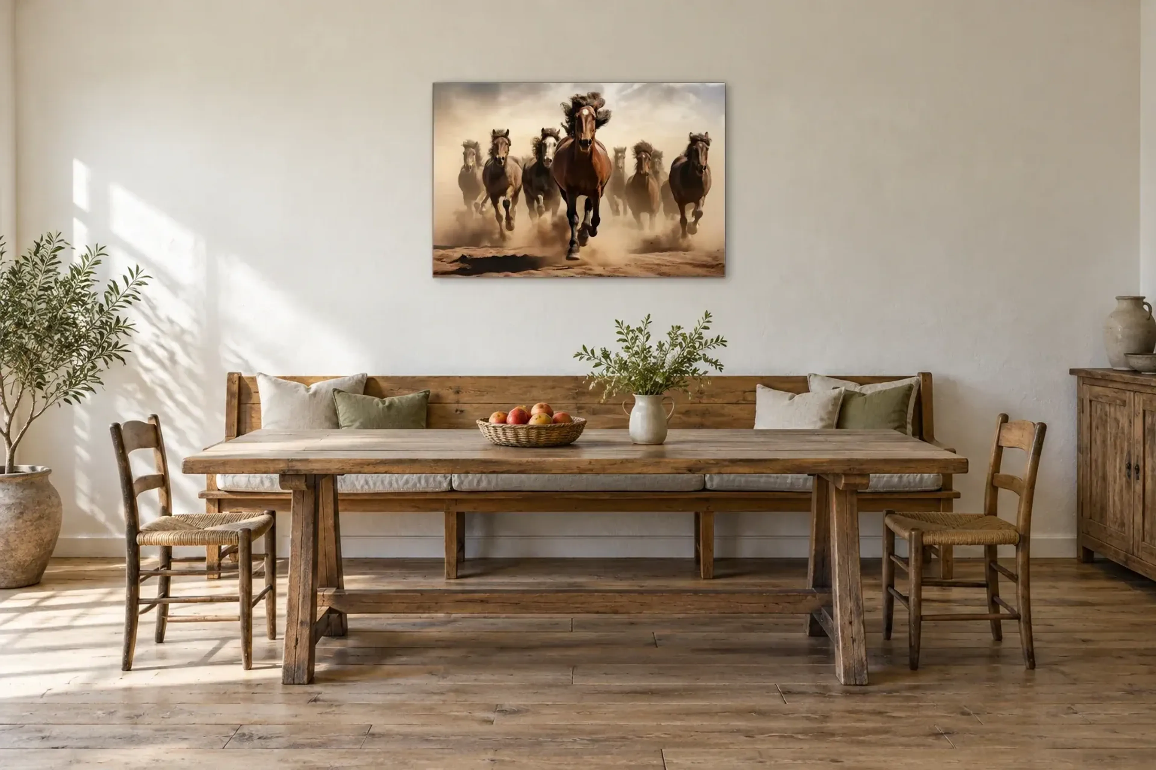 Pferde im Galopp als Wandbild über einer 200-cm-Sitzbank