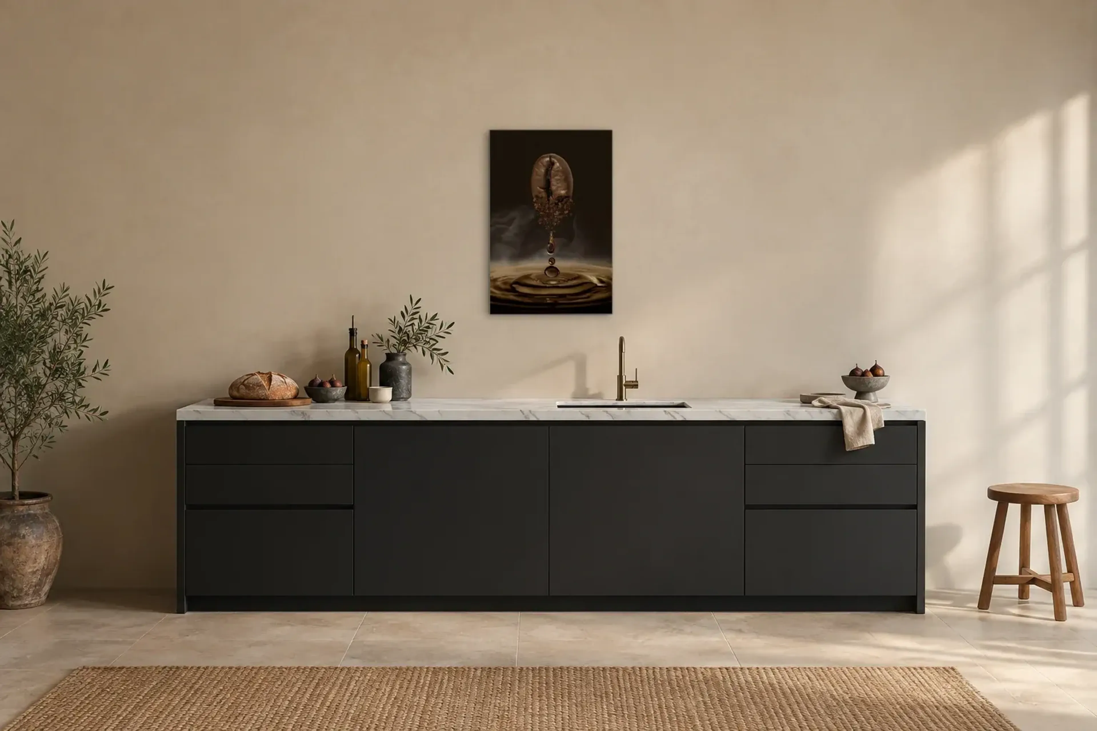 Kaffeebohne und Tropfen als Wandbild über einer 200-cm-Arbeitsplatte