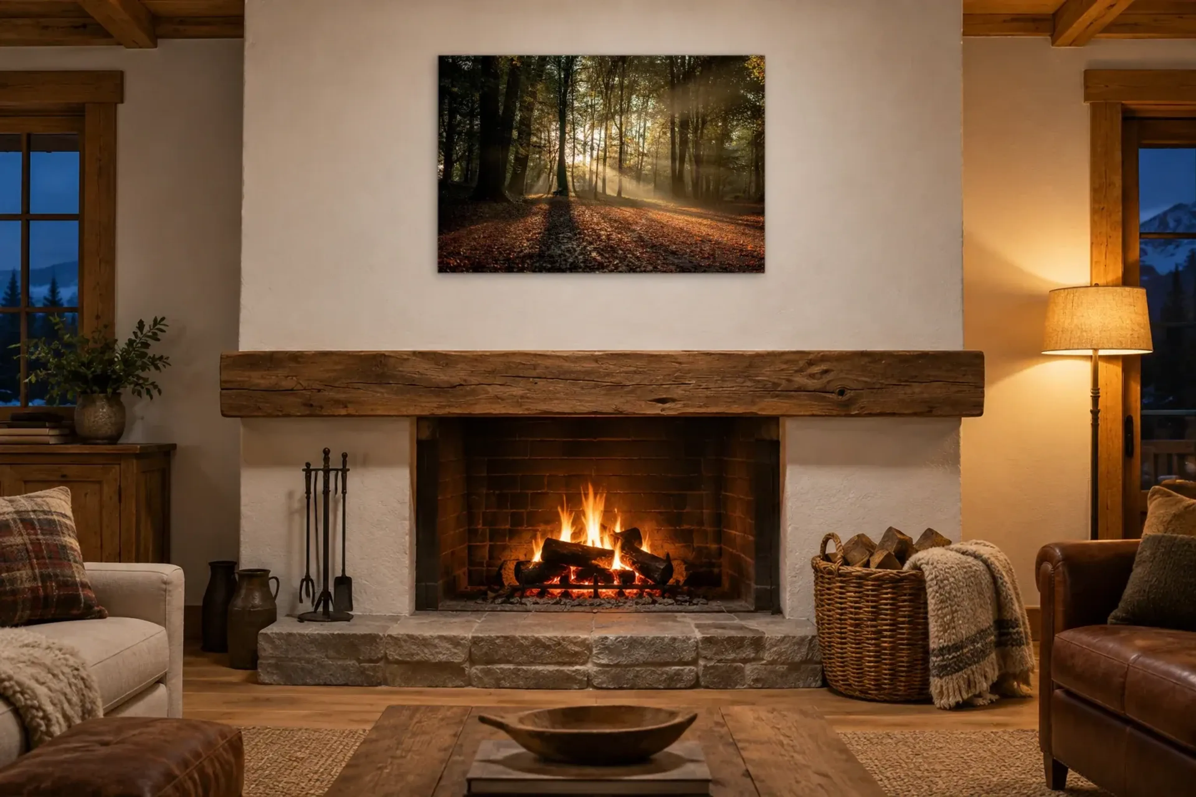 Herbstwald mit Sonnenstrahlen als Wandbild über einem 180-cm-Kaminsims