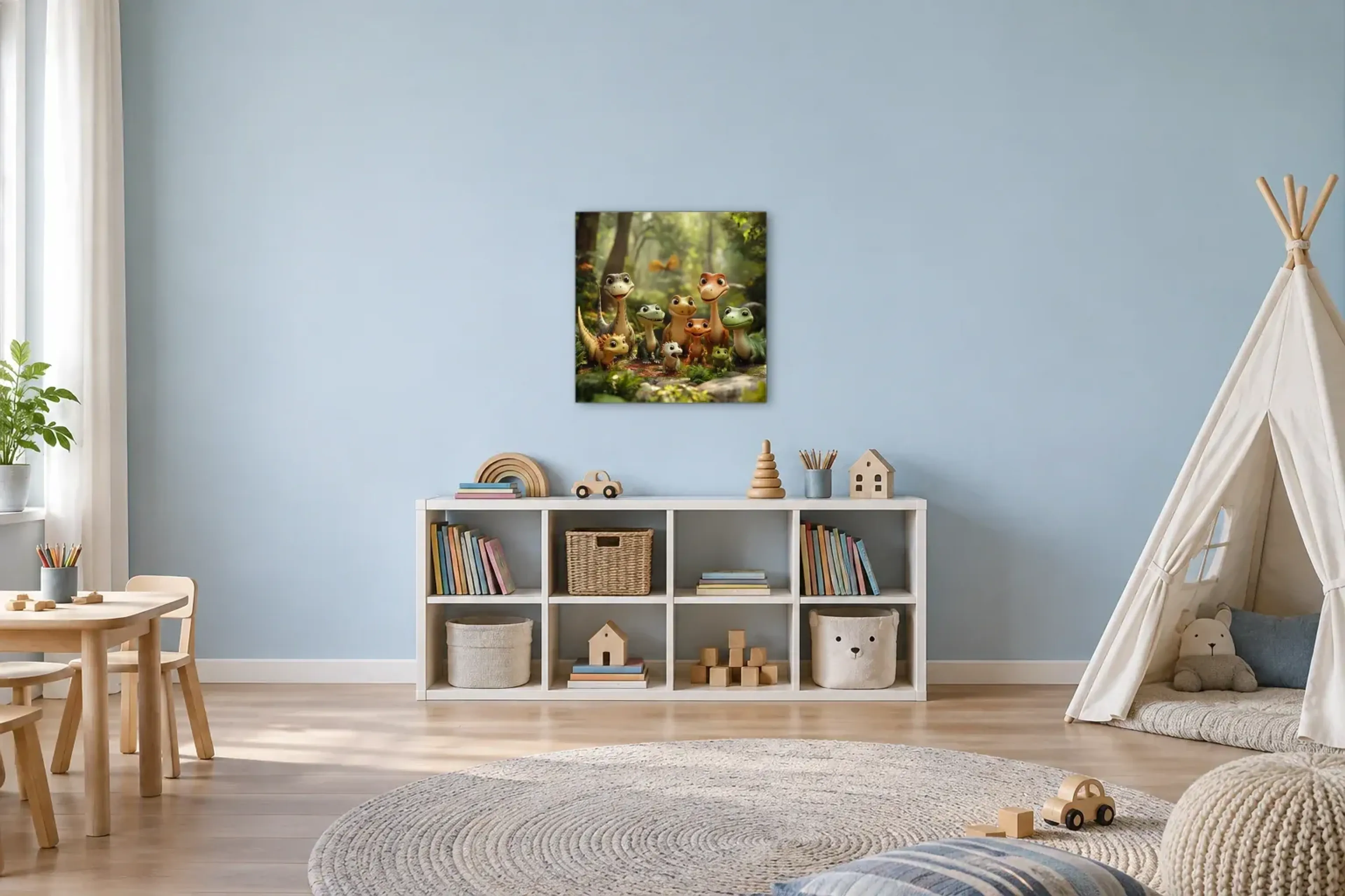 Dinobande auf der Waldlichtung als Wandbild über einem 120-cm-Spielregal