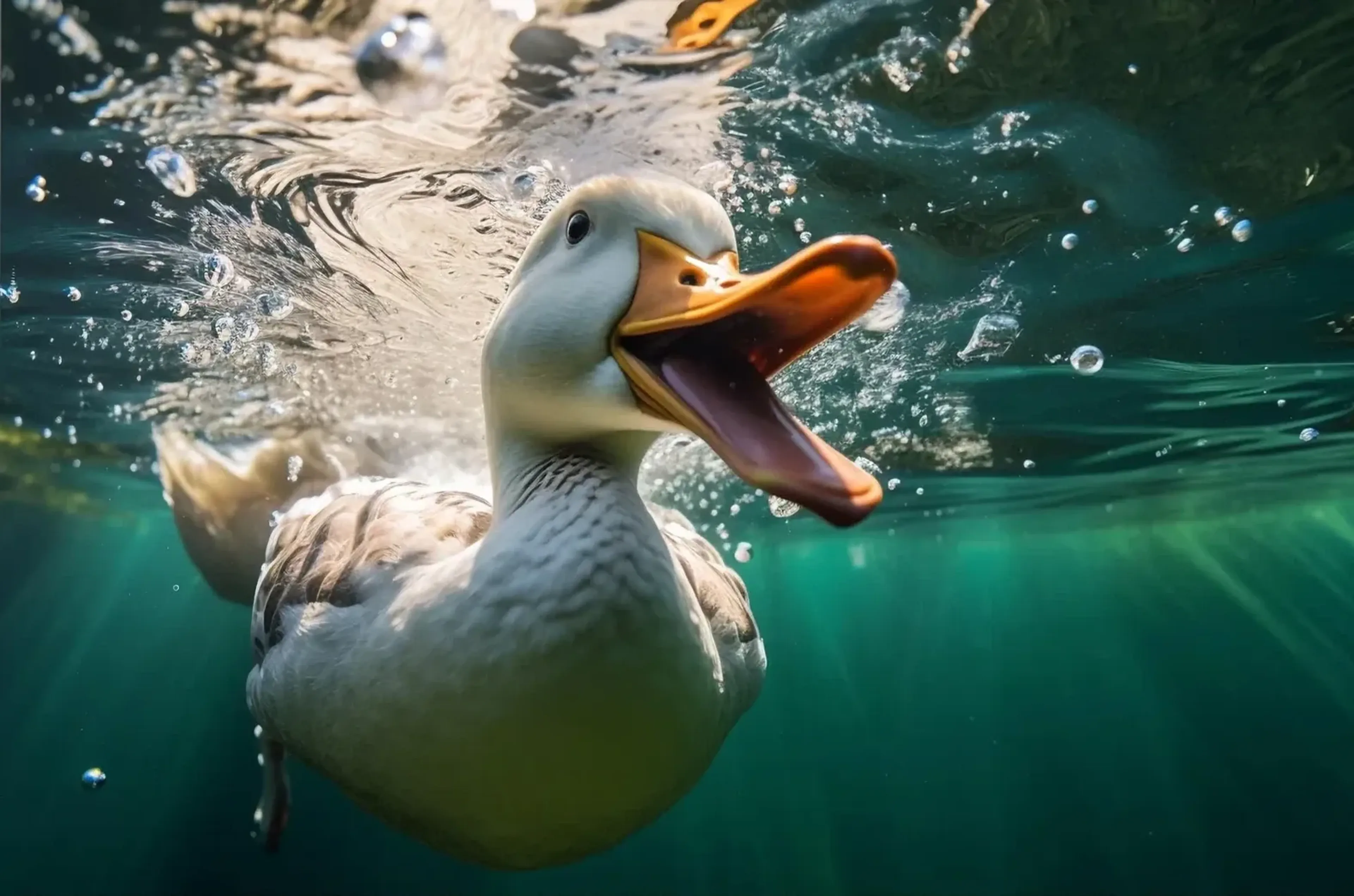 Eine helle Ente mit geöffnetem orangefarbenem Schnabel schwimmt unter Wasser zwischen Luftblasen und Lichtreflexen.