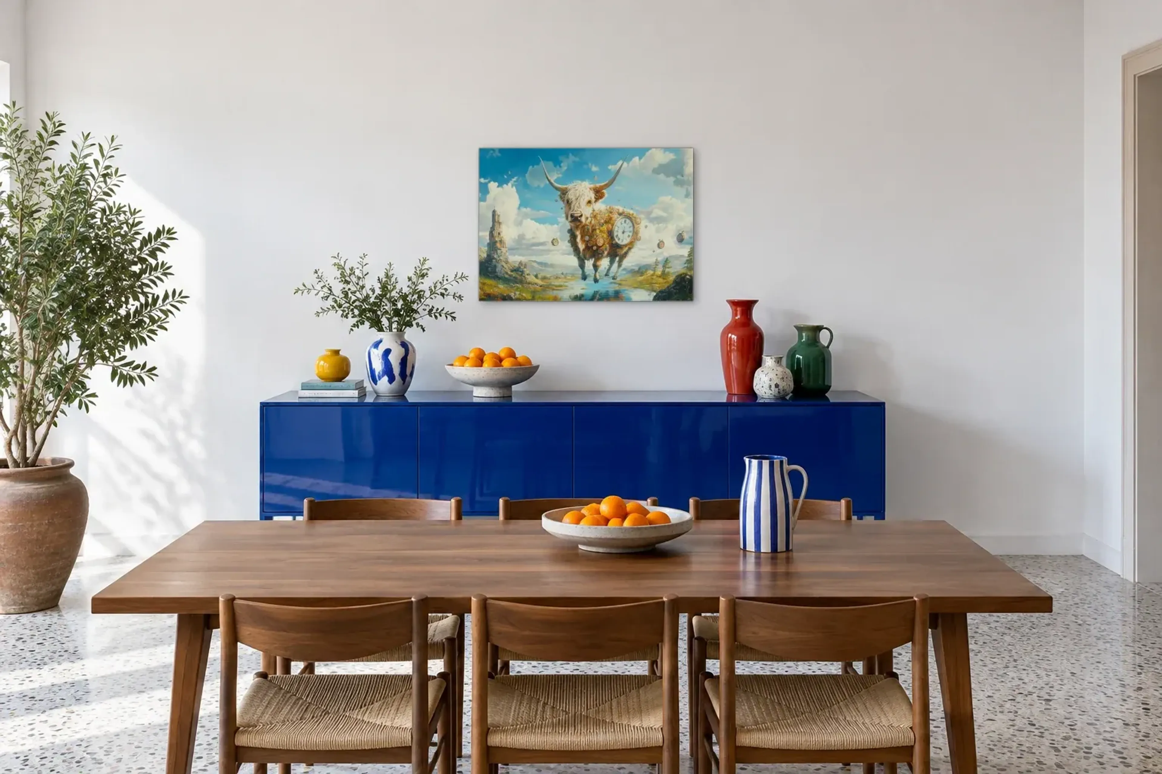 Hochlandrind zwischen Uhren als Wandbild über einem 180-cm-Sideboard