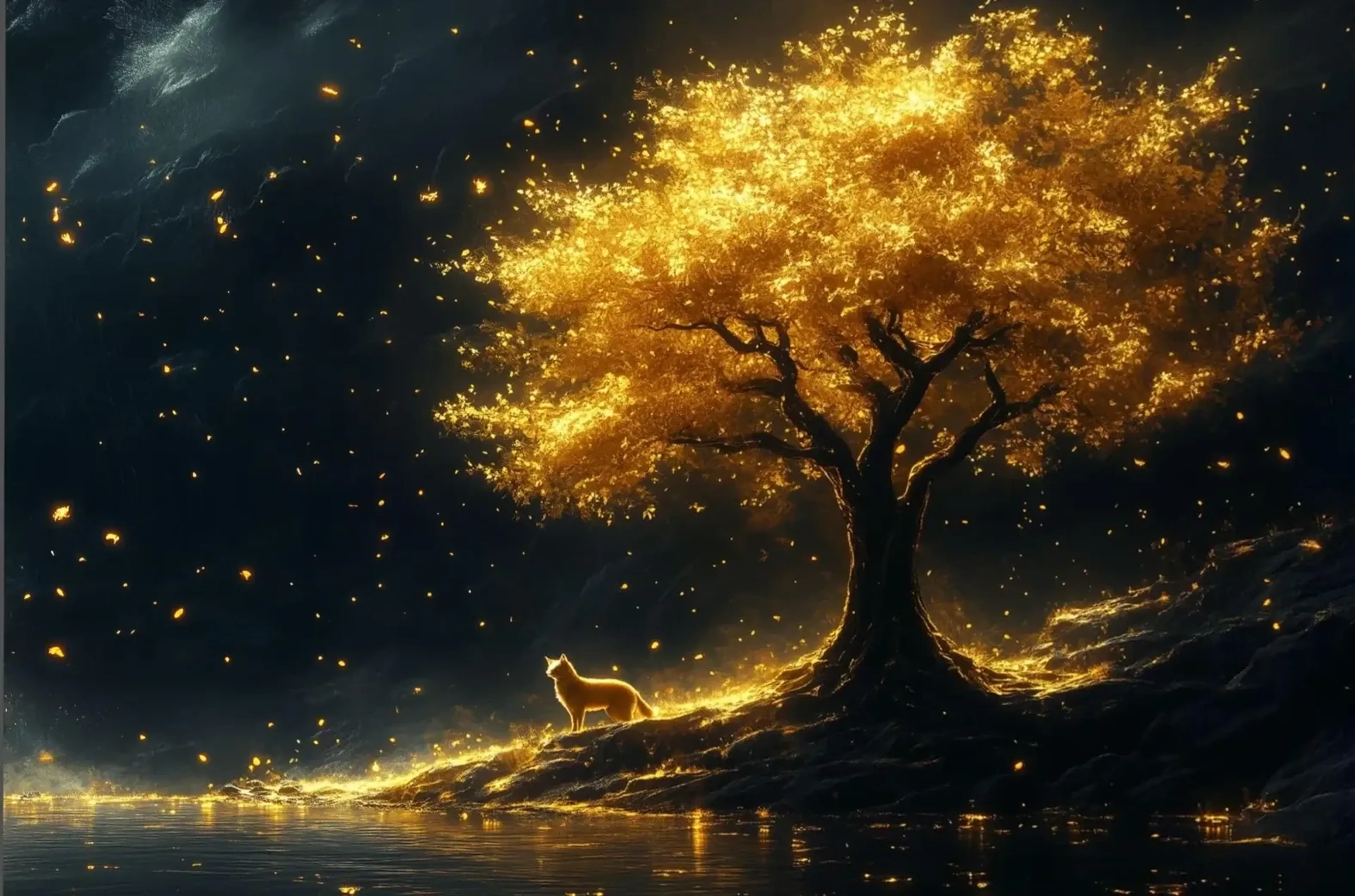 Ein kleiner Fuchs steht unter einem goldgelb leuchtenden Baum an einem dunklen, felsigen Seeufer.