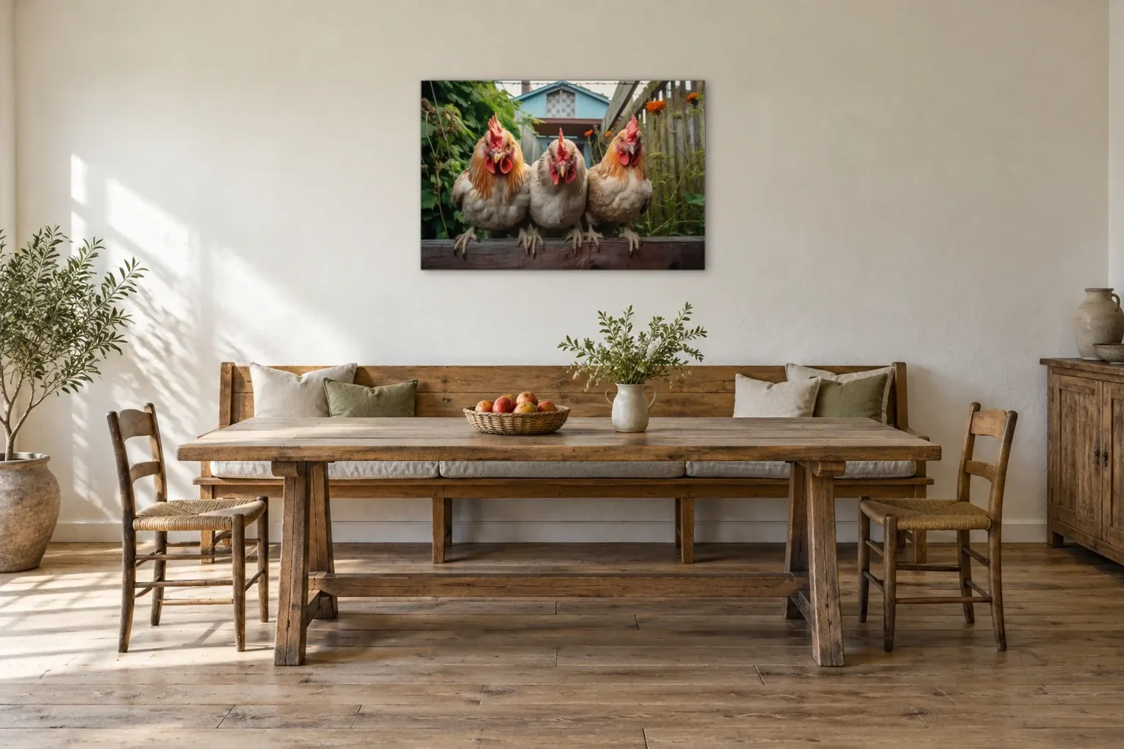 Hühner auf dem Zaun als Wandbild über einer 200-cm-Sitzbank