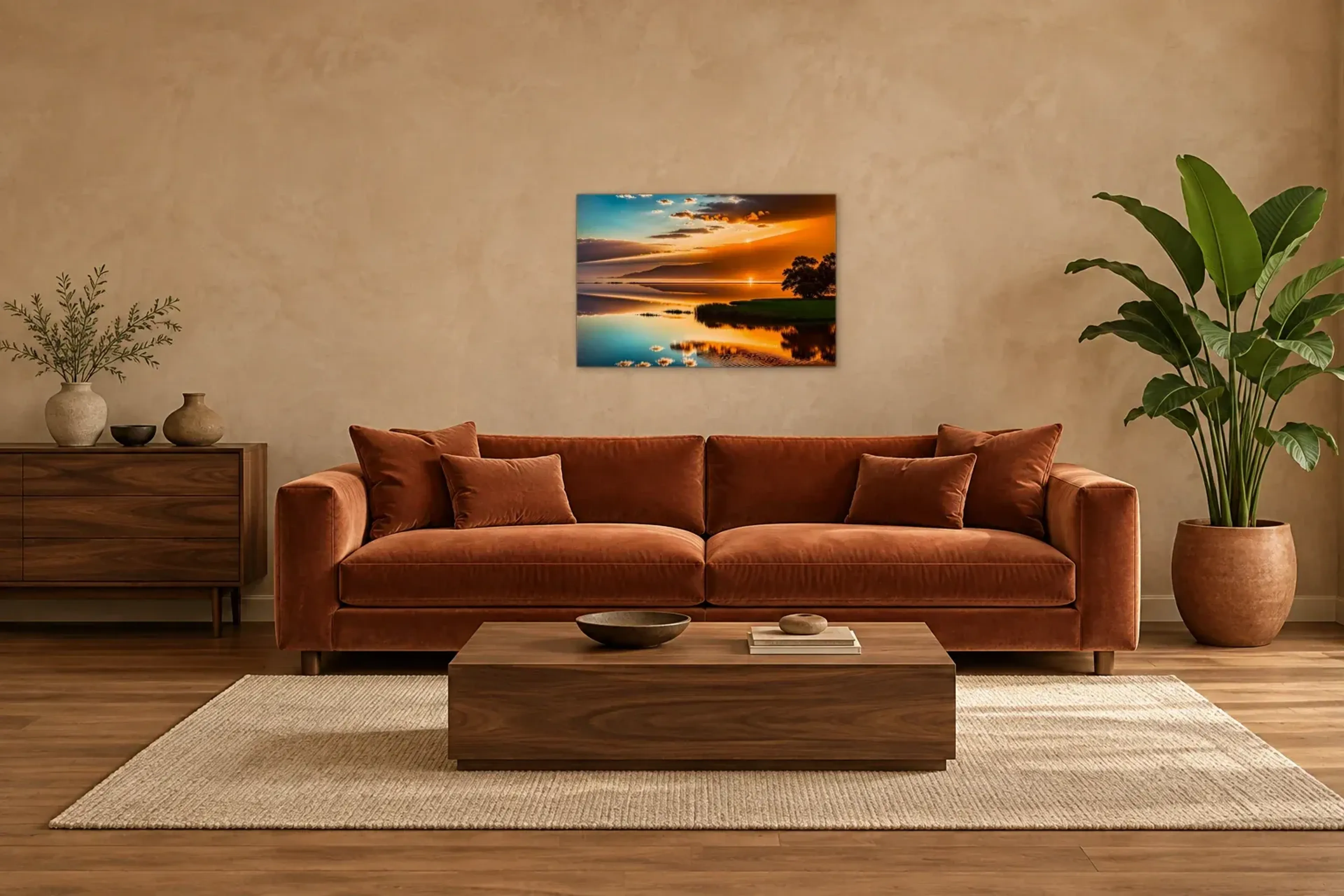 See im Abendlicht als Wandbild über einem 220-cm-Sofa