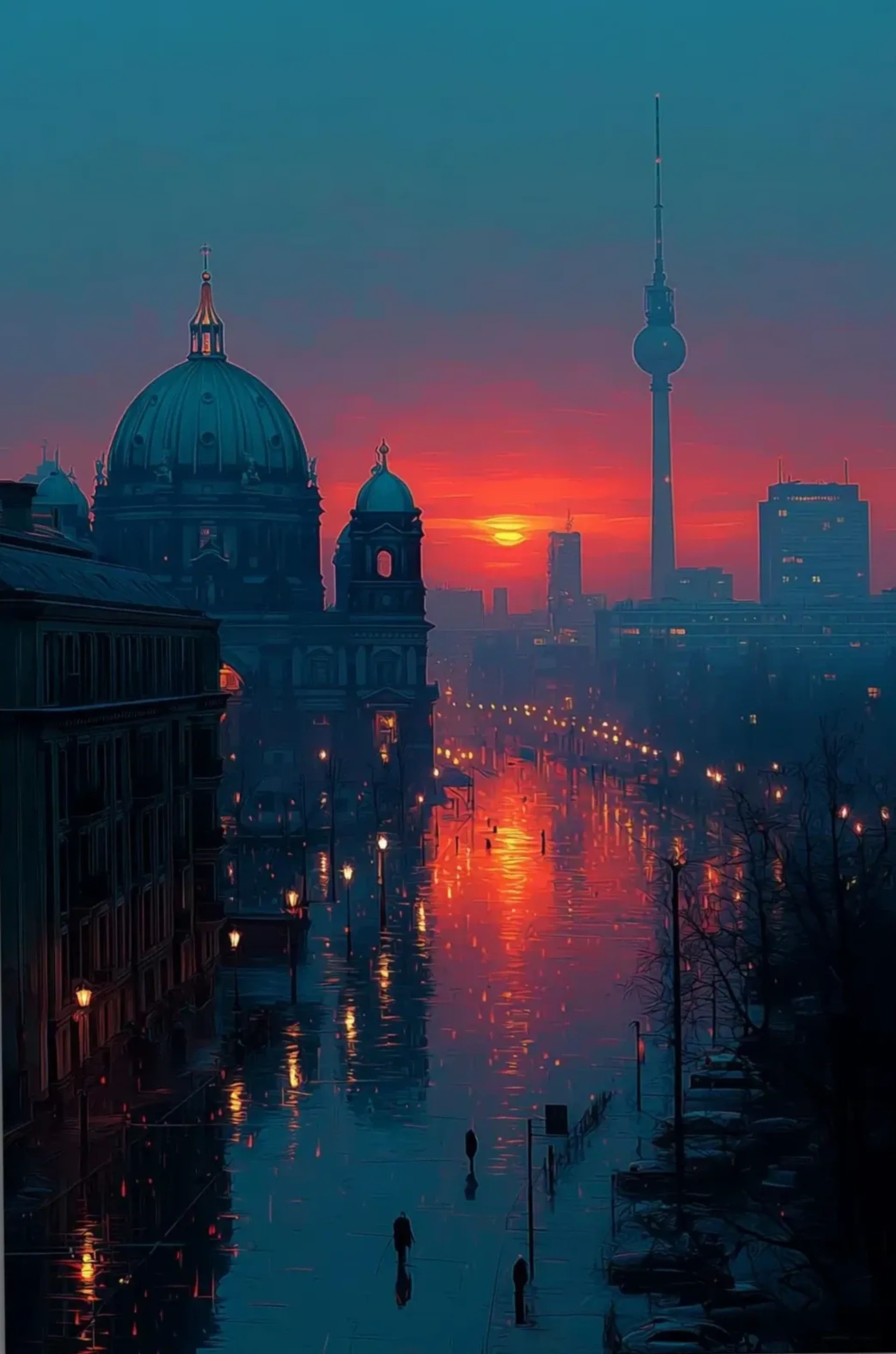 Rotes Sonnenlicht zwischen Berliner Dom und Fernsehturm spiegelt sich auf einer nassen Straße mit wenigen Menschen.