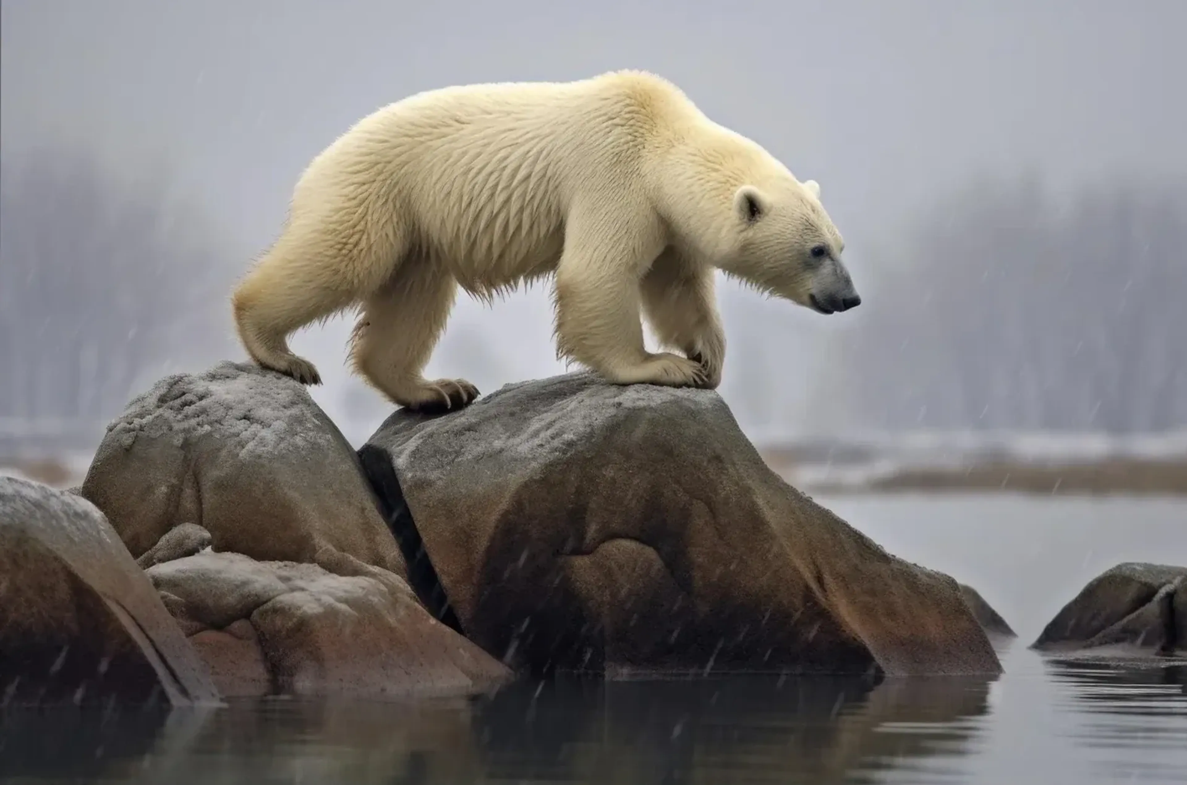Eisbär mit gesenktem Kopf beim Überqueren grauer Felsen am Wasser vor nebligem Hintergrund.