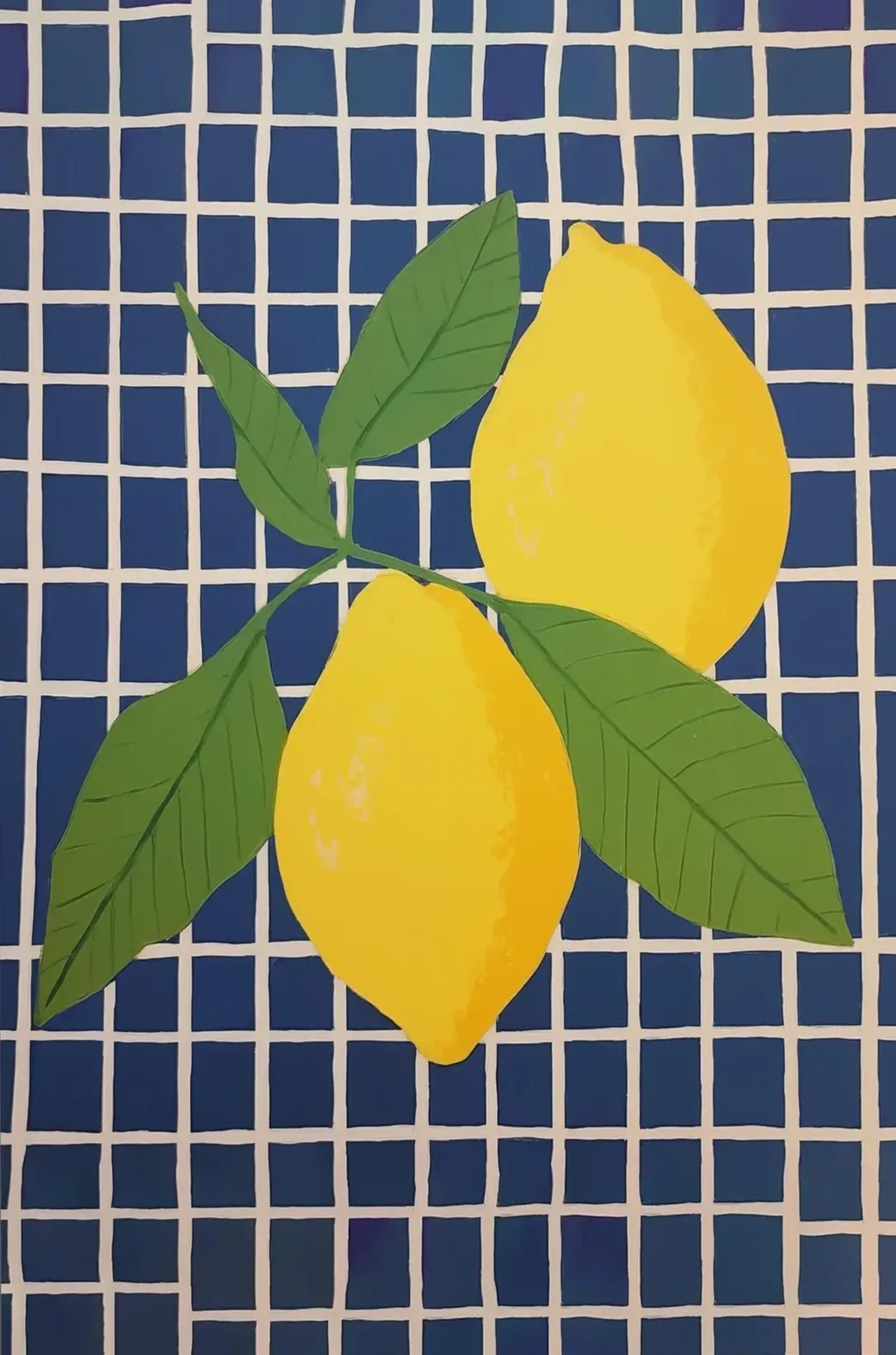 Zitronen auf blauem Gitter – Motiv als Wandbild auf Holz