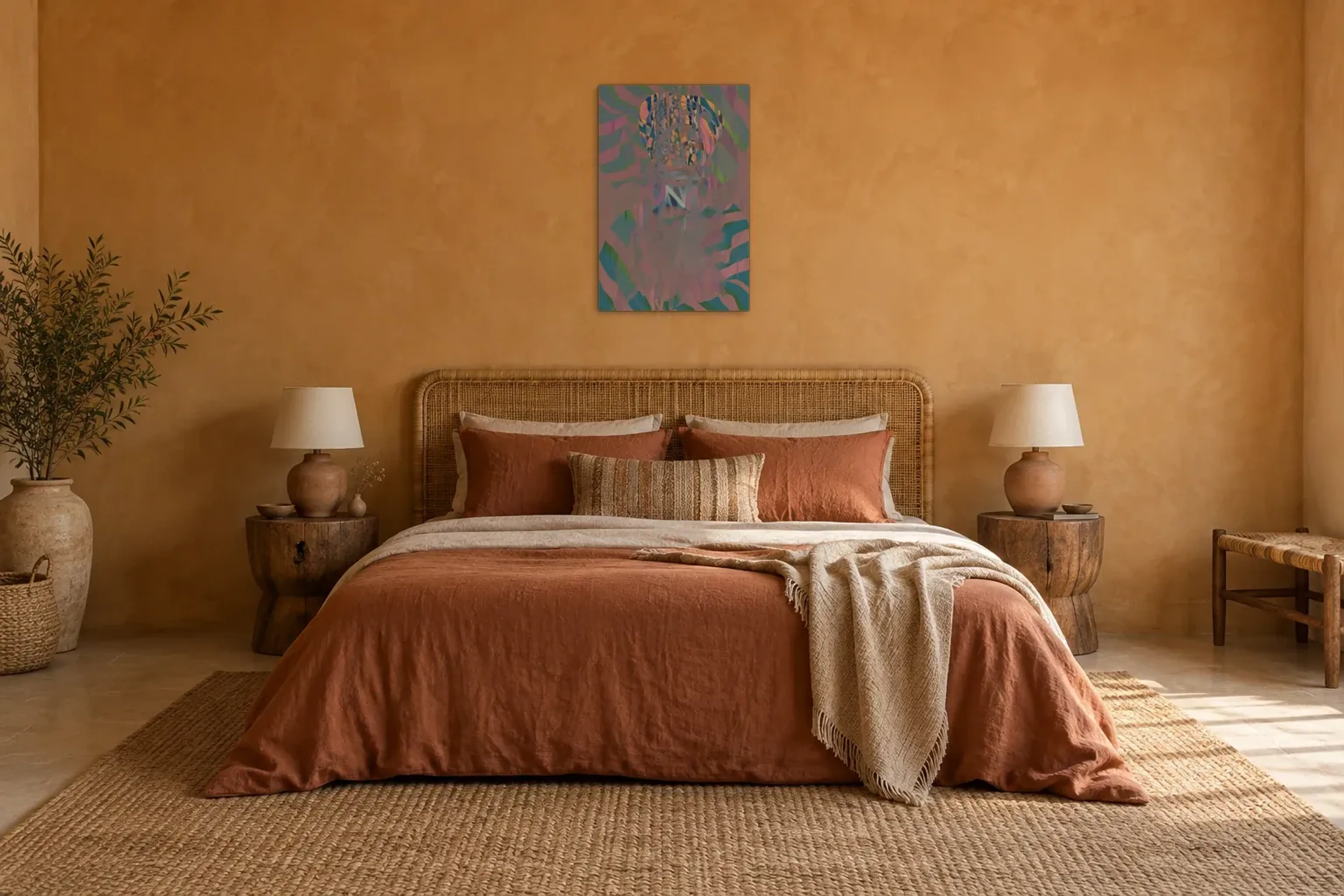 Porträt mit gemustertem Kopftuch als Wandbild über einem 180-cm-Bett