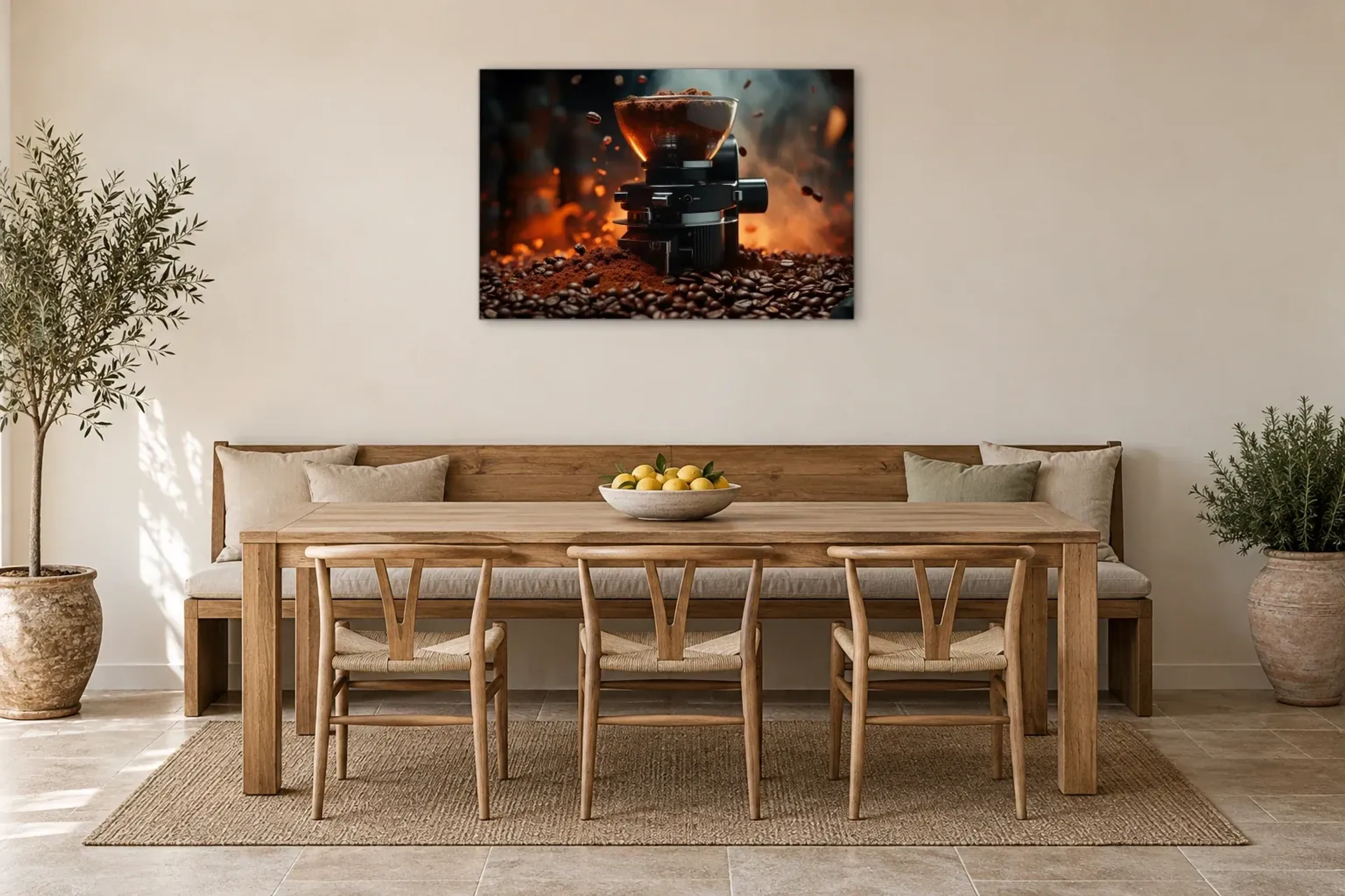 Kaffee-Mühle als Wandbild über einer 200-cm-Sitzbank