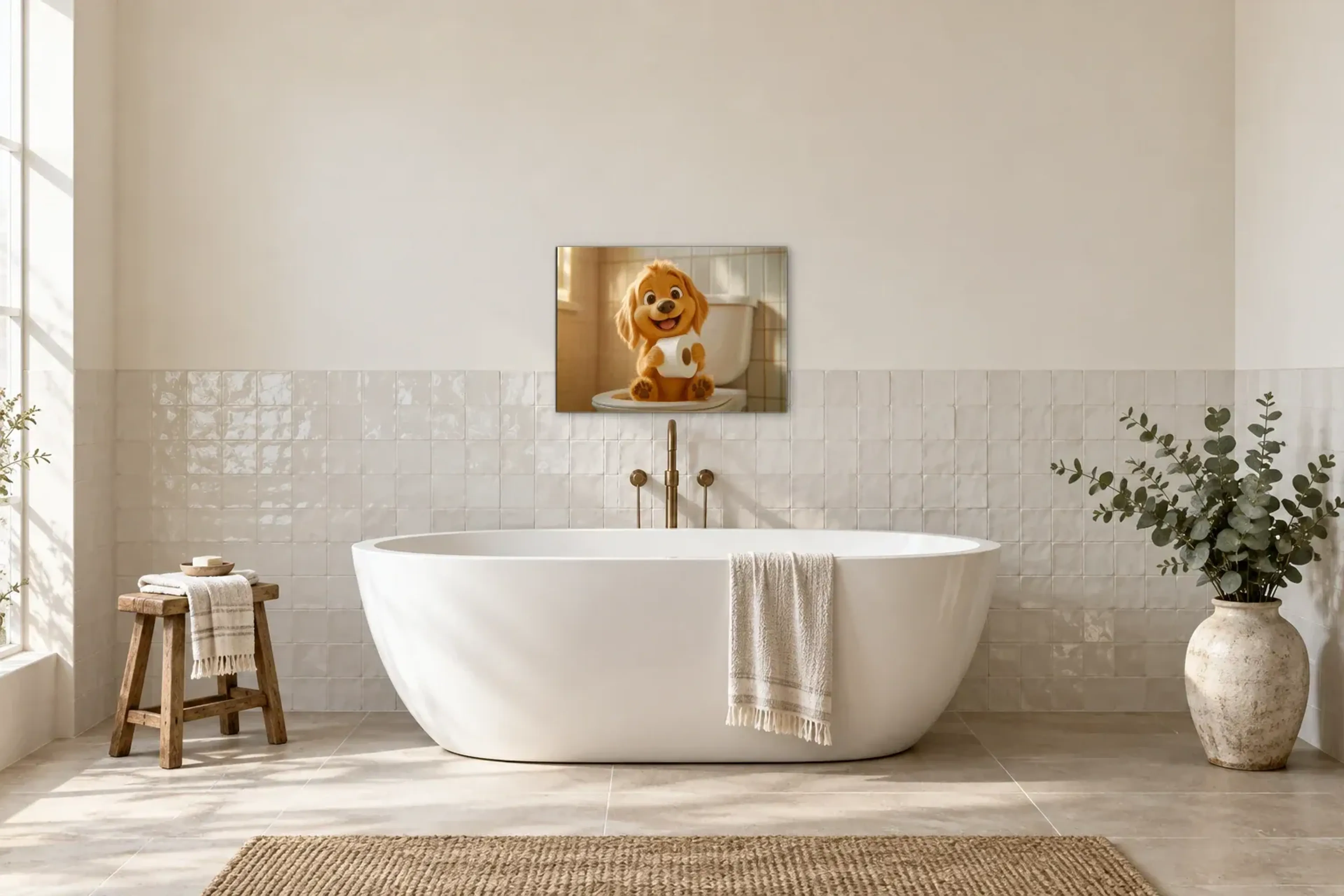 Hund mit Papierrolle als Wandbild über einer 170-cm-Badewanne