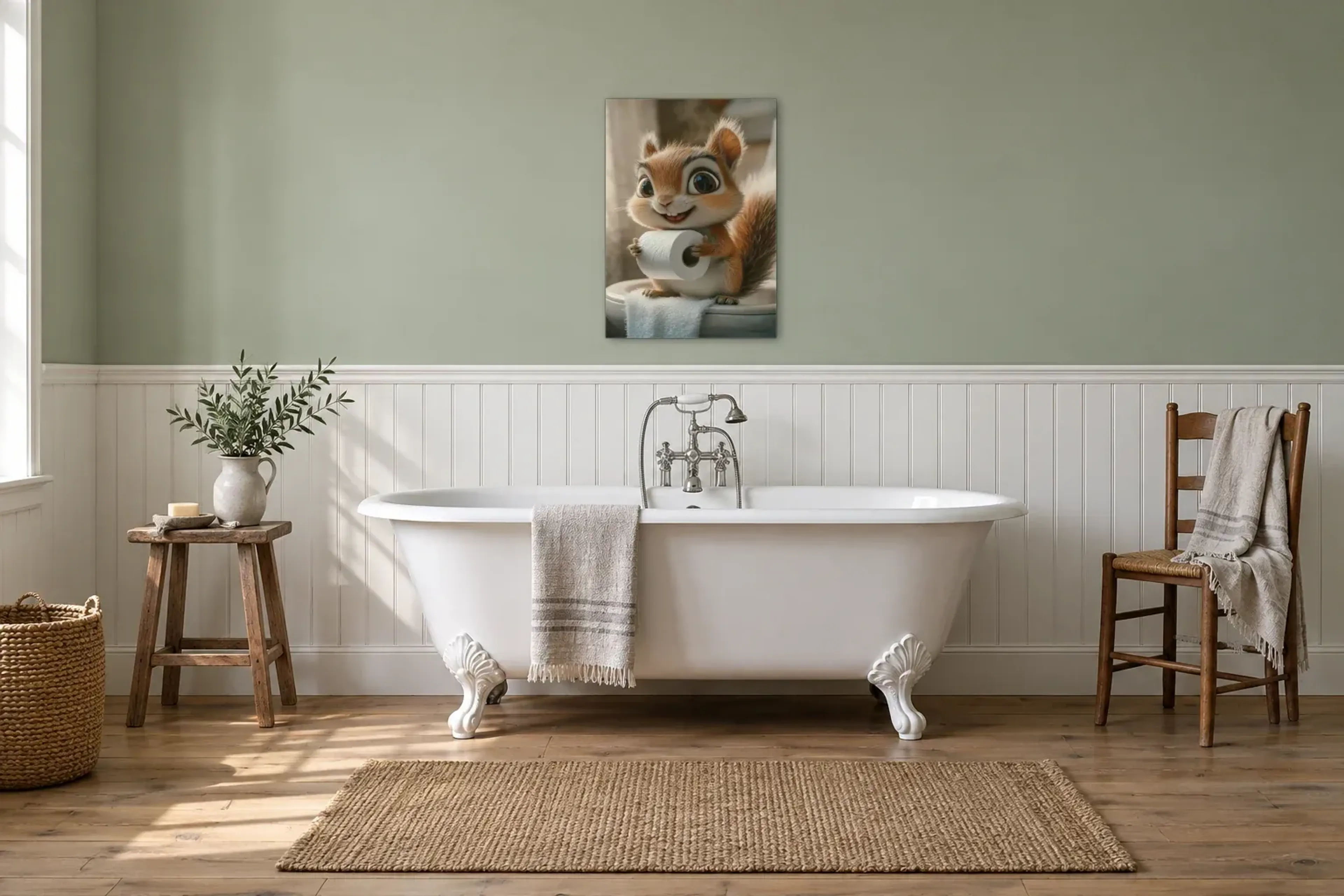 Eichhörnchen mit großen Augen als Wandbild über einer 170-cm-Badewanne