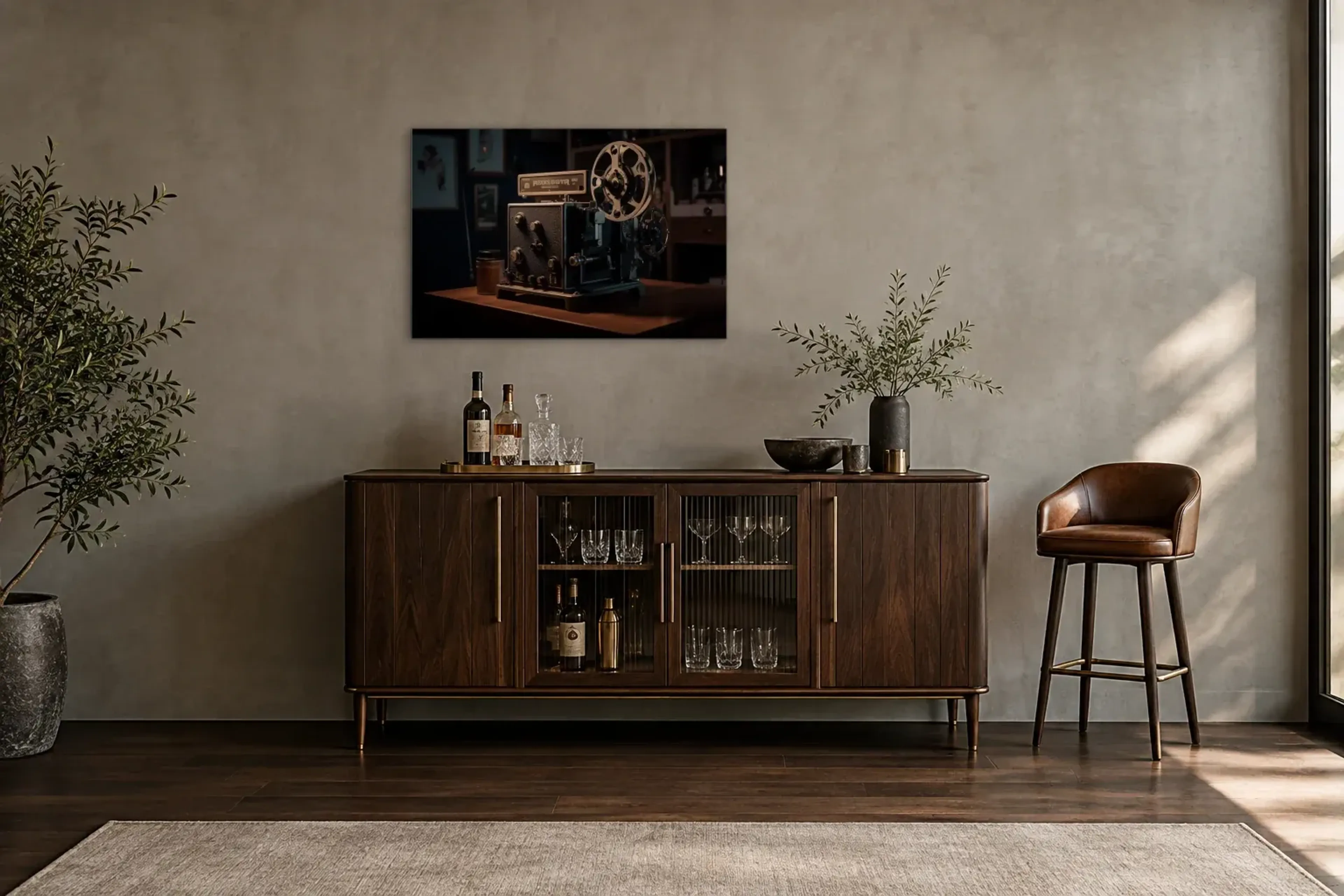 Nostalgischer Filmprojektor als Wandbild über einem 150-cm-Barschrank