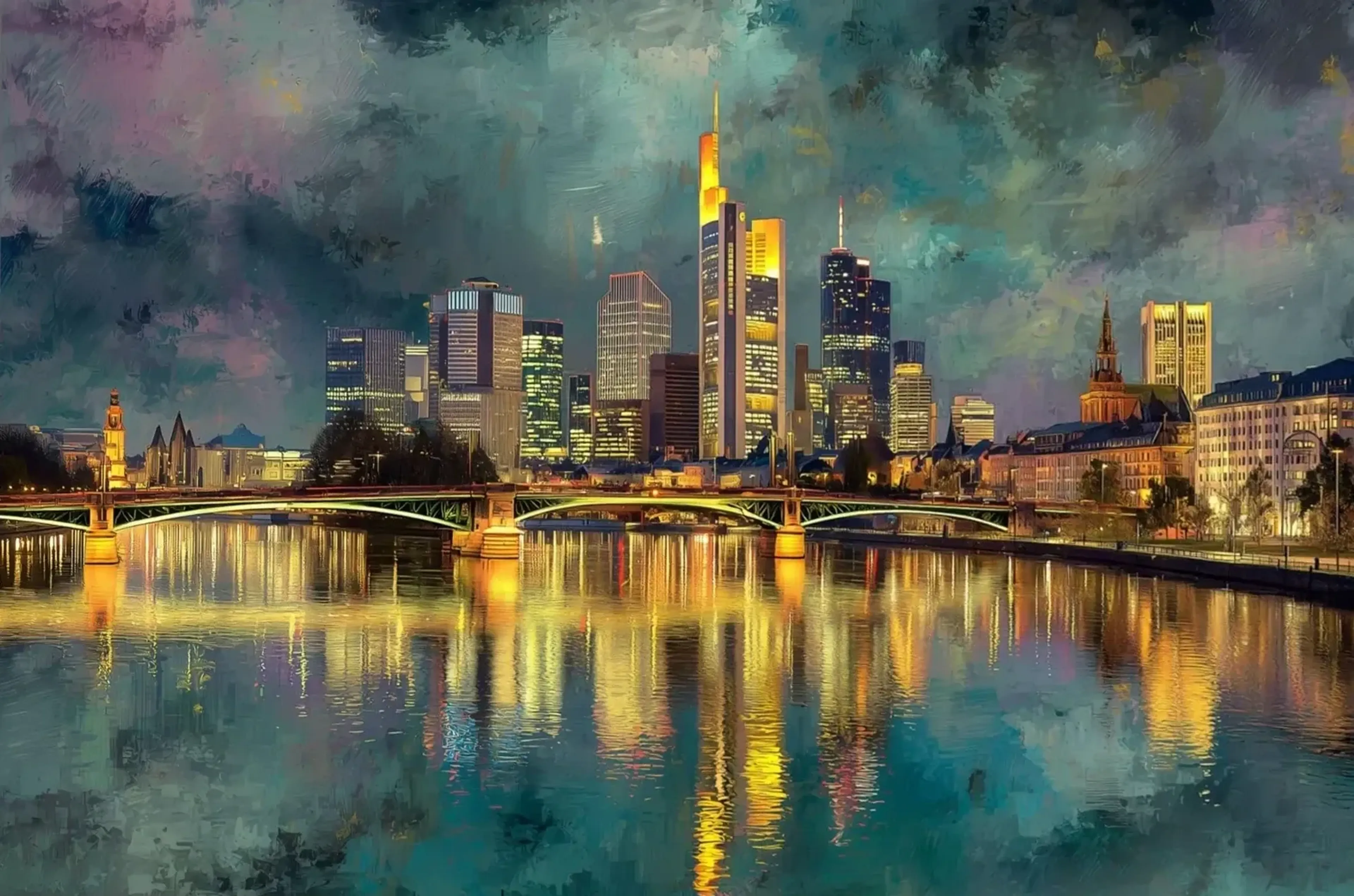 Goldene Lichter am Main – Motiv als Wandbild auf Holz