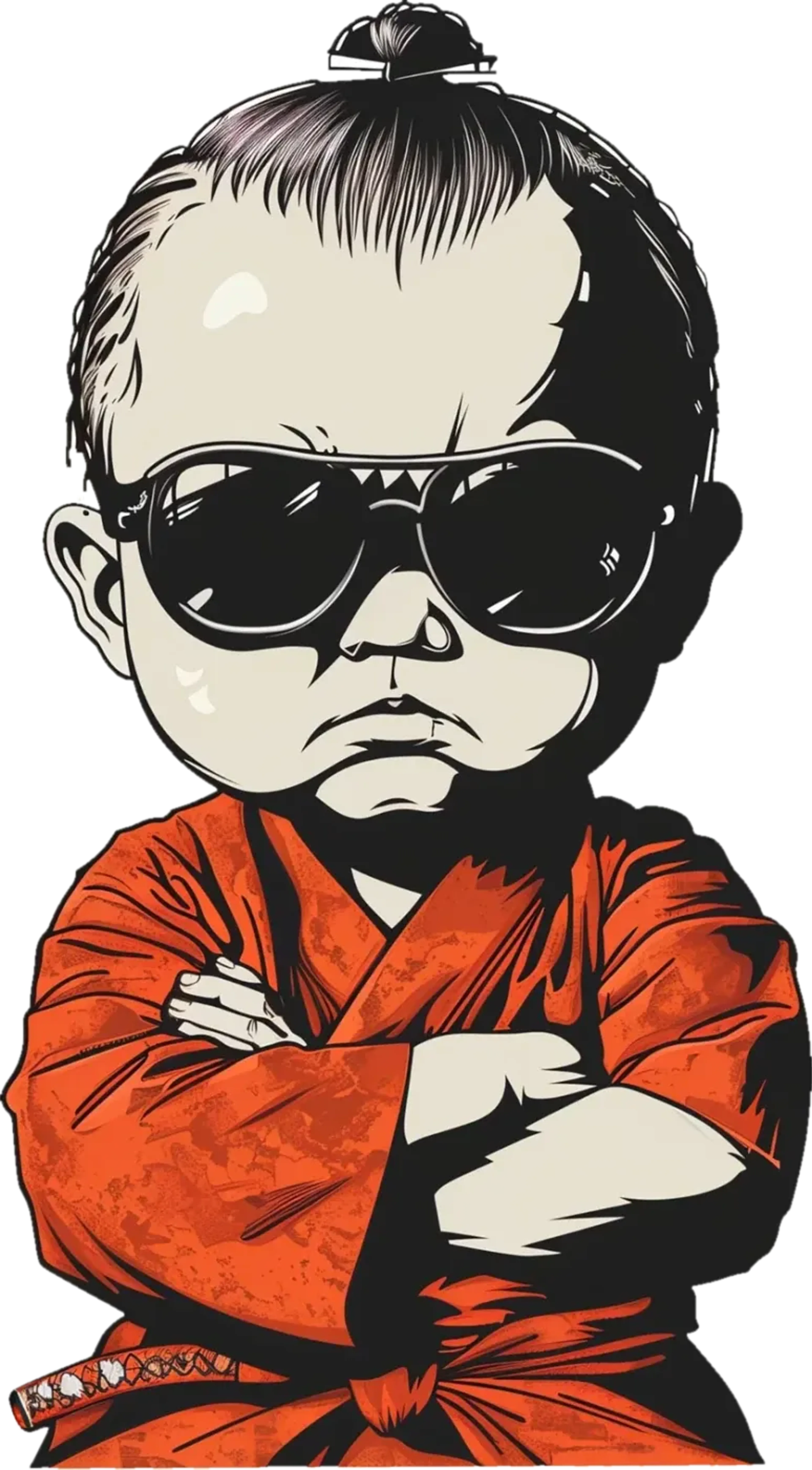 Ein Junge mit Haarknoten, Sonnenbrille und orangefarbenem Gewand verschränkt die Arme vor einem orangefarbenen Kreis.