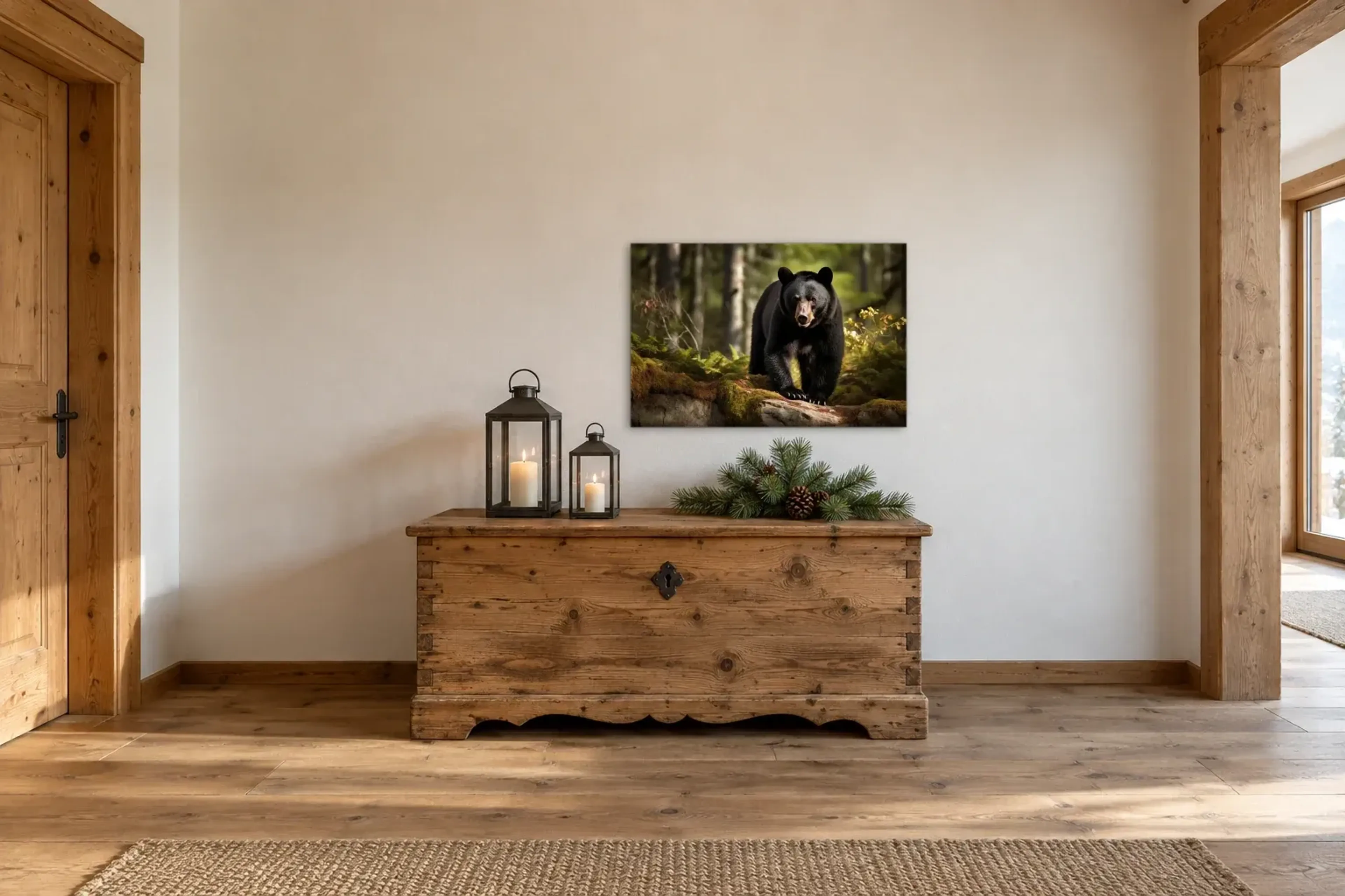 Schwarzbär im Wald als Wandbild über einer 140-cm-Truhe