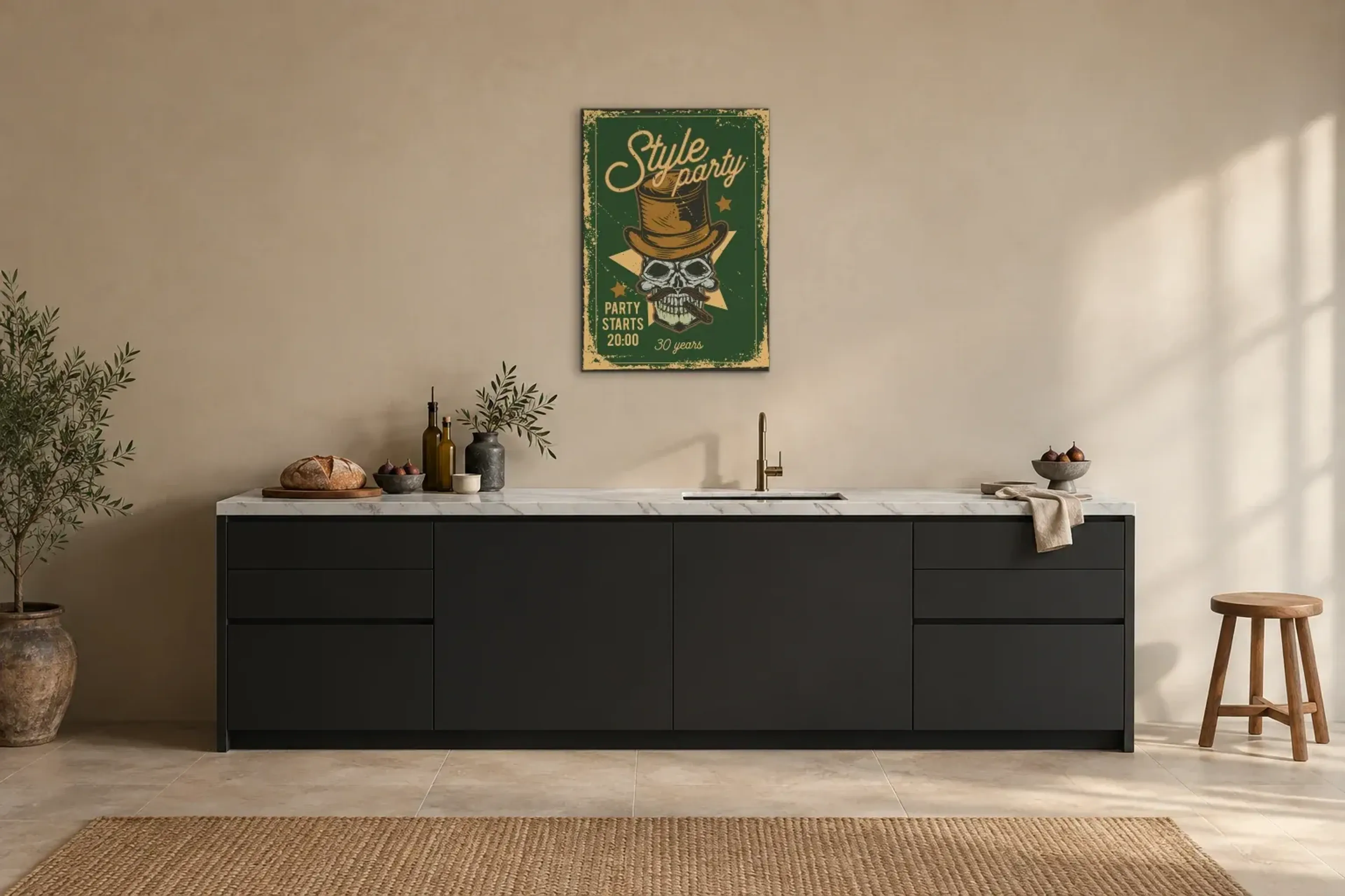 Style Party als Wandbild über einer 200-cm-Arbeitsplatte
