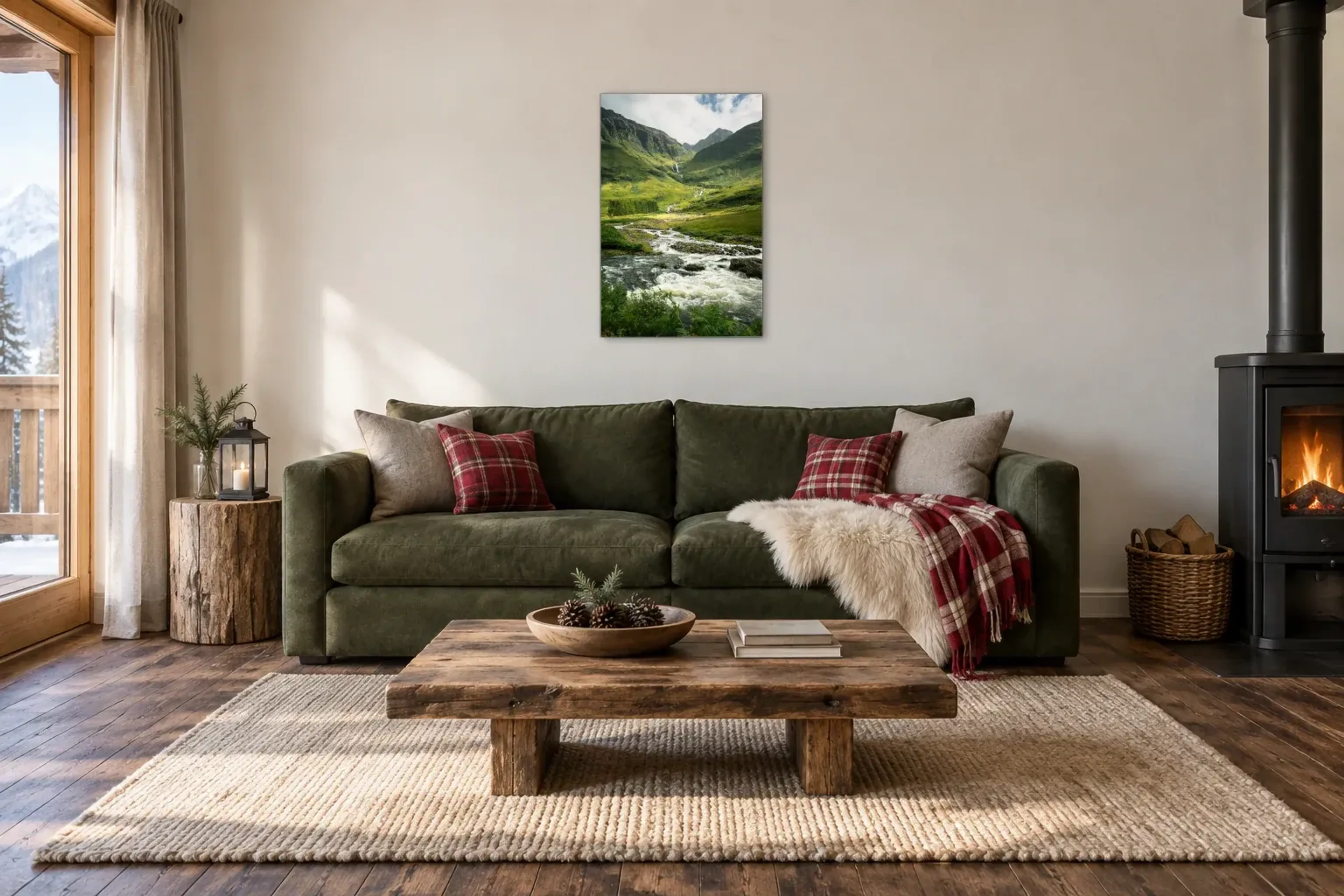 Bach im Gebirge als Wandbild über einem 220-cm-Sofa