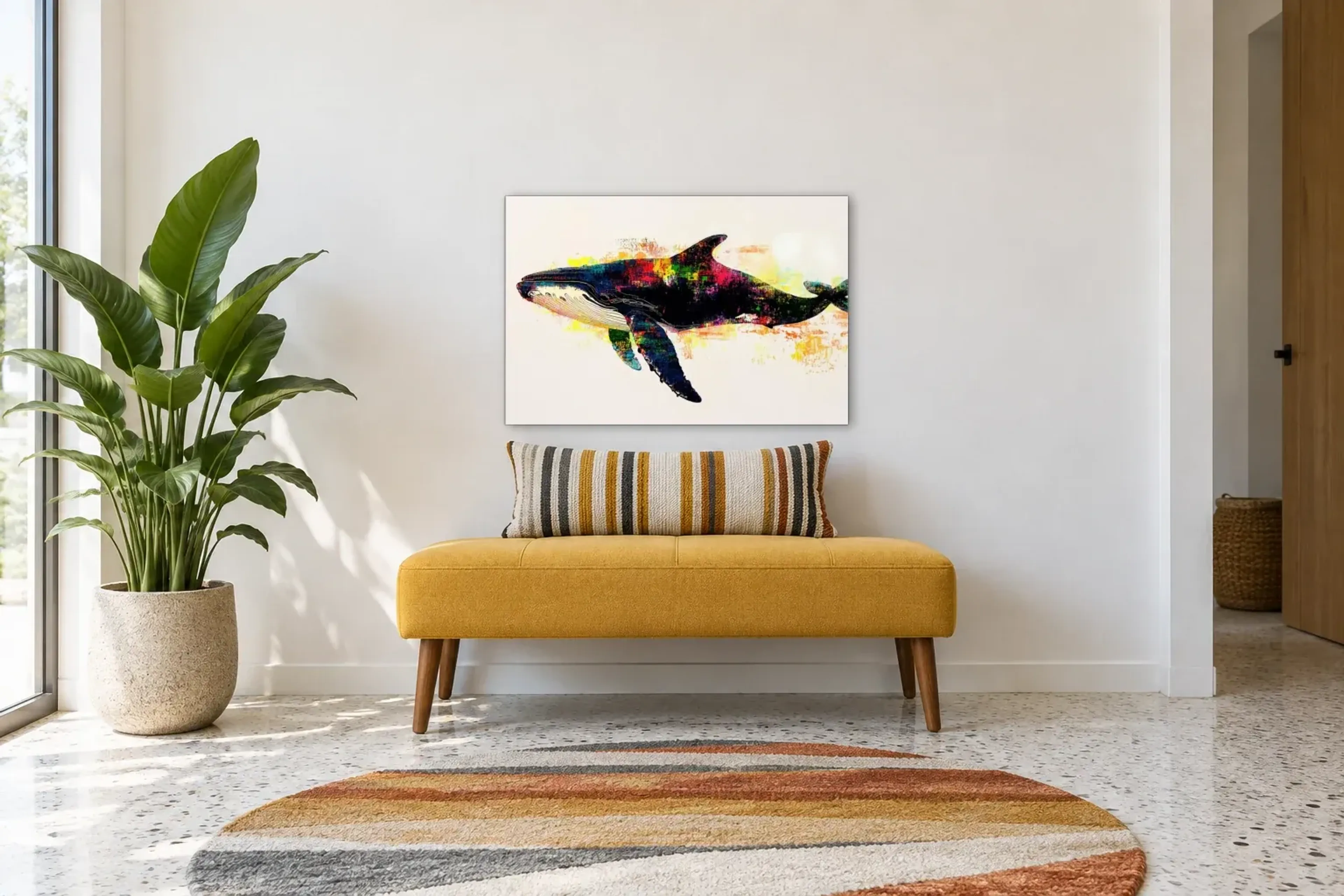 Wal auf hellem Grund als Wandbild über einer 120-cm-Bank