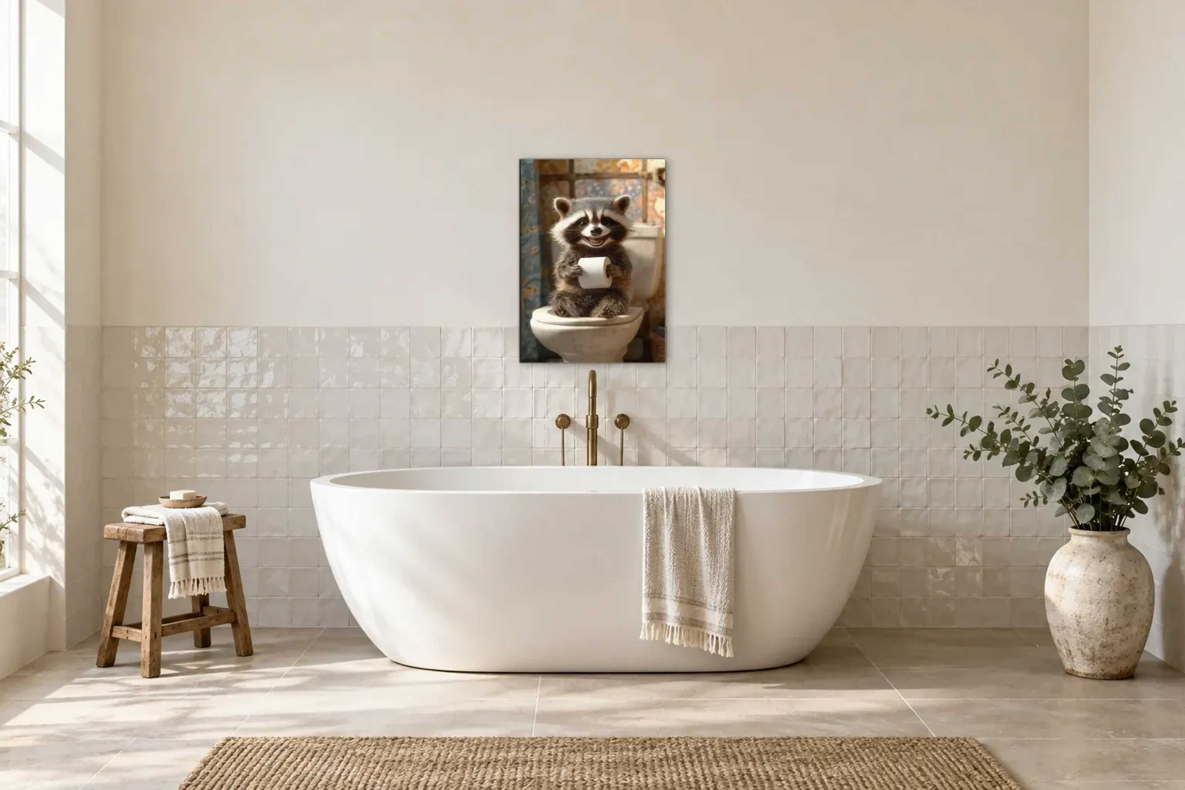 Waschbär im Retrobad als Wandbild über einer 170-cm-Badewanne