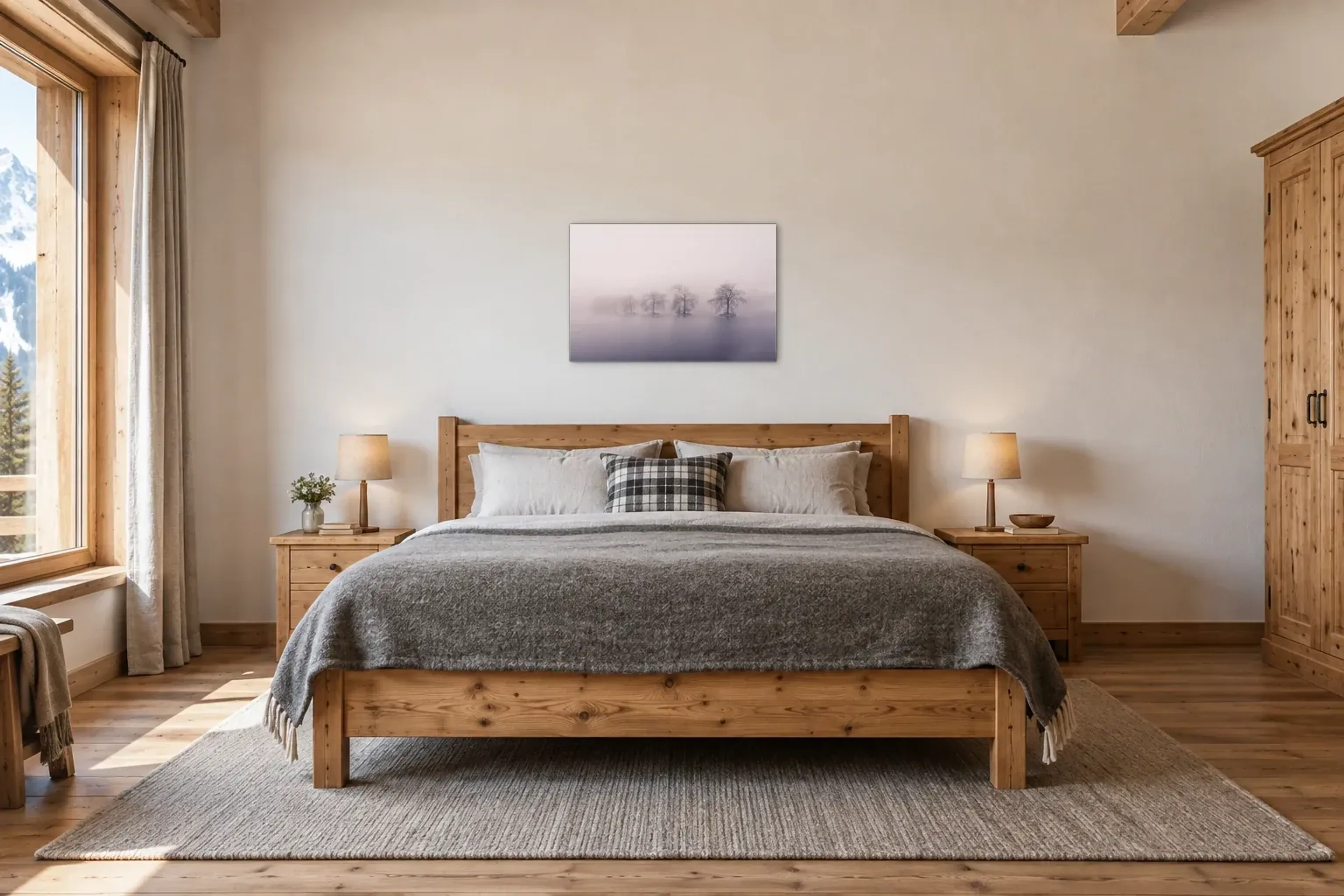 Bäume im Winternebel als Wandbild über einem 180-cm-Bett
