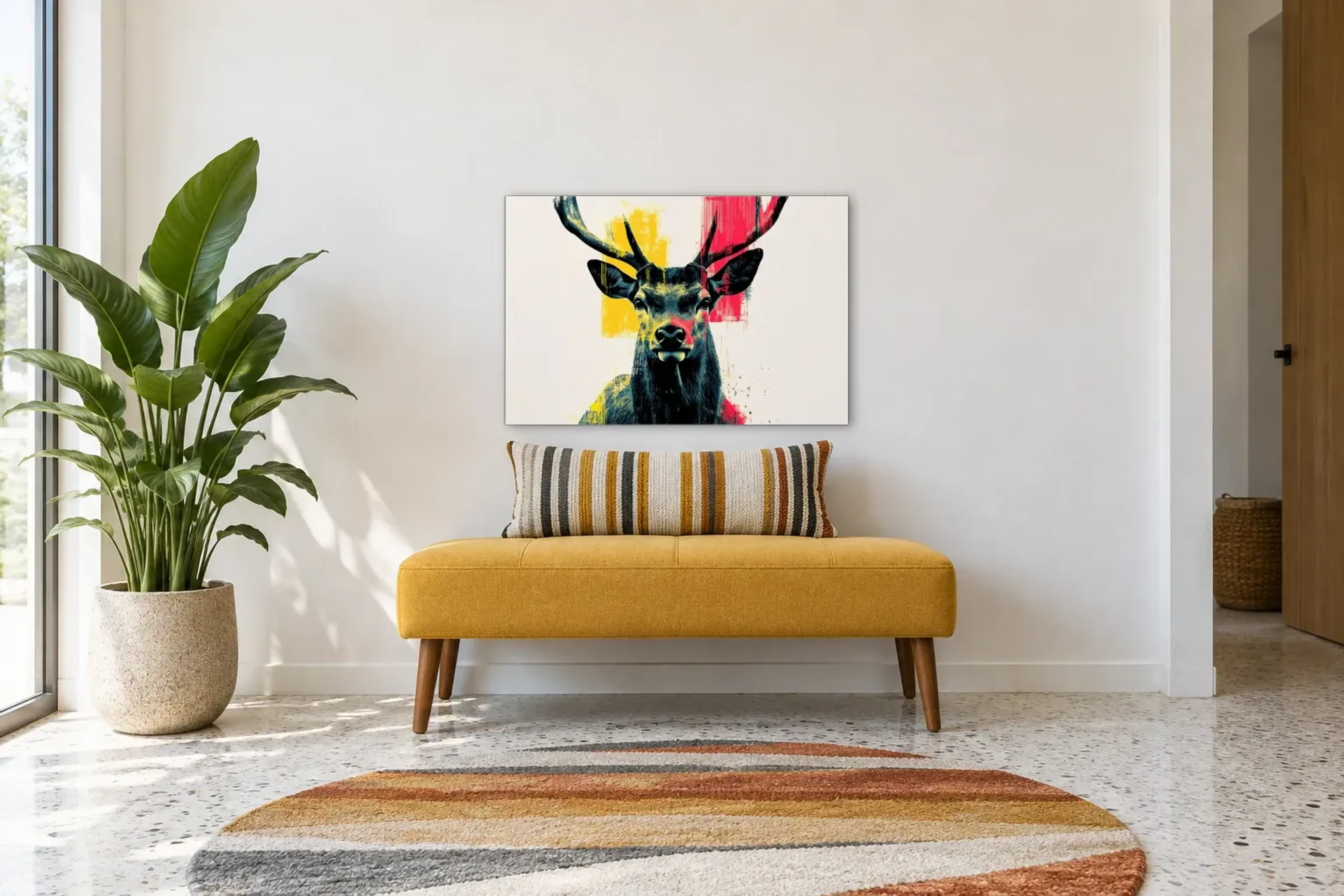 Hirsch in Gelb und Pink als Wandbild über einer 120-cm-Bank