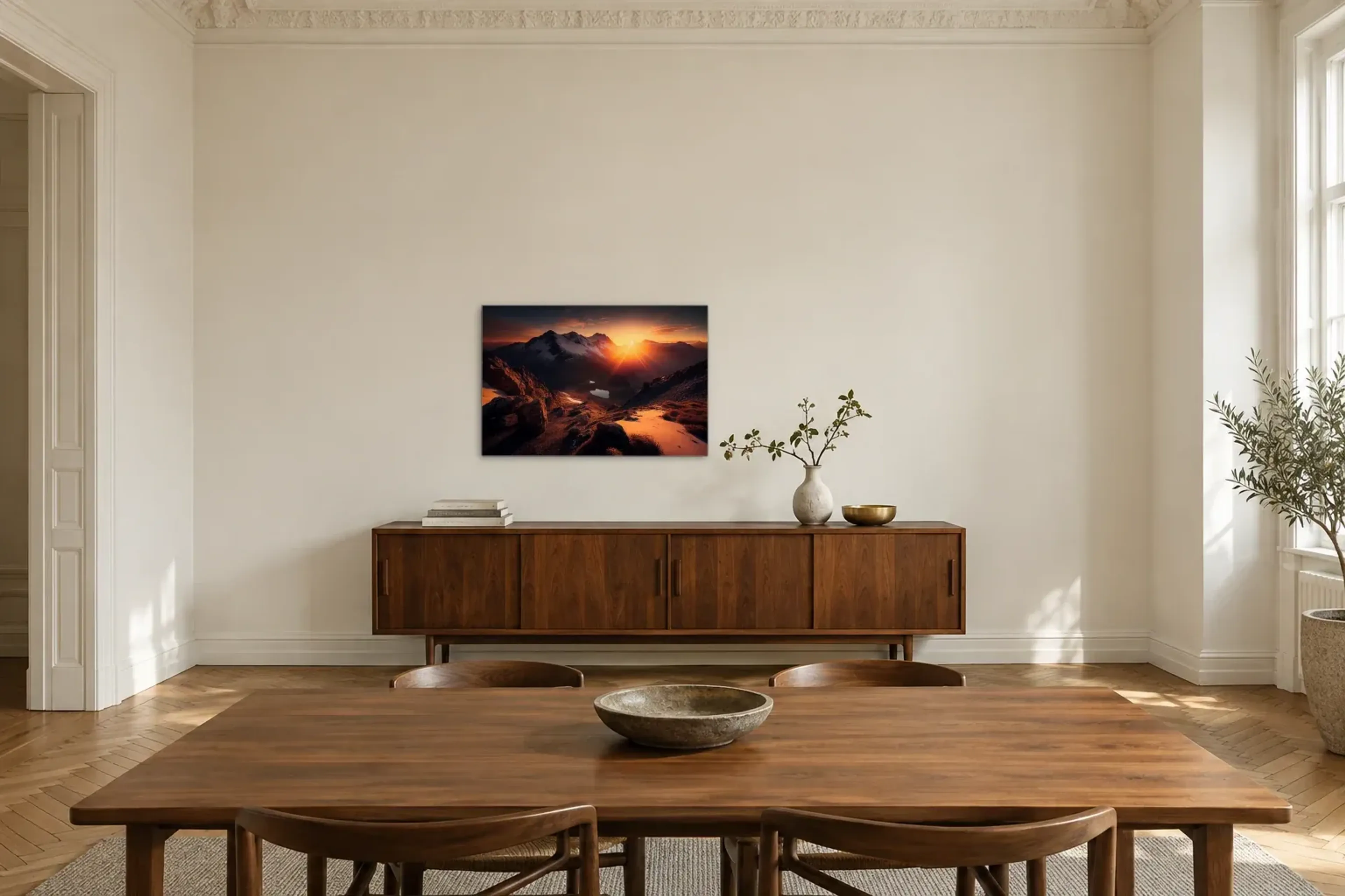 Sonnenuntergang über dem Bergtal als Wandbild über einem 200-cm-Sideboard