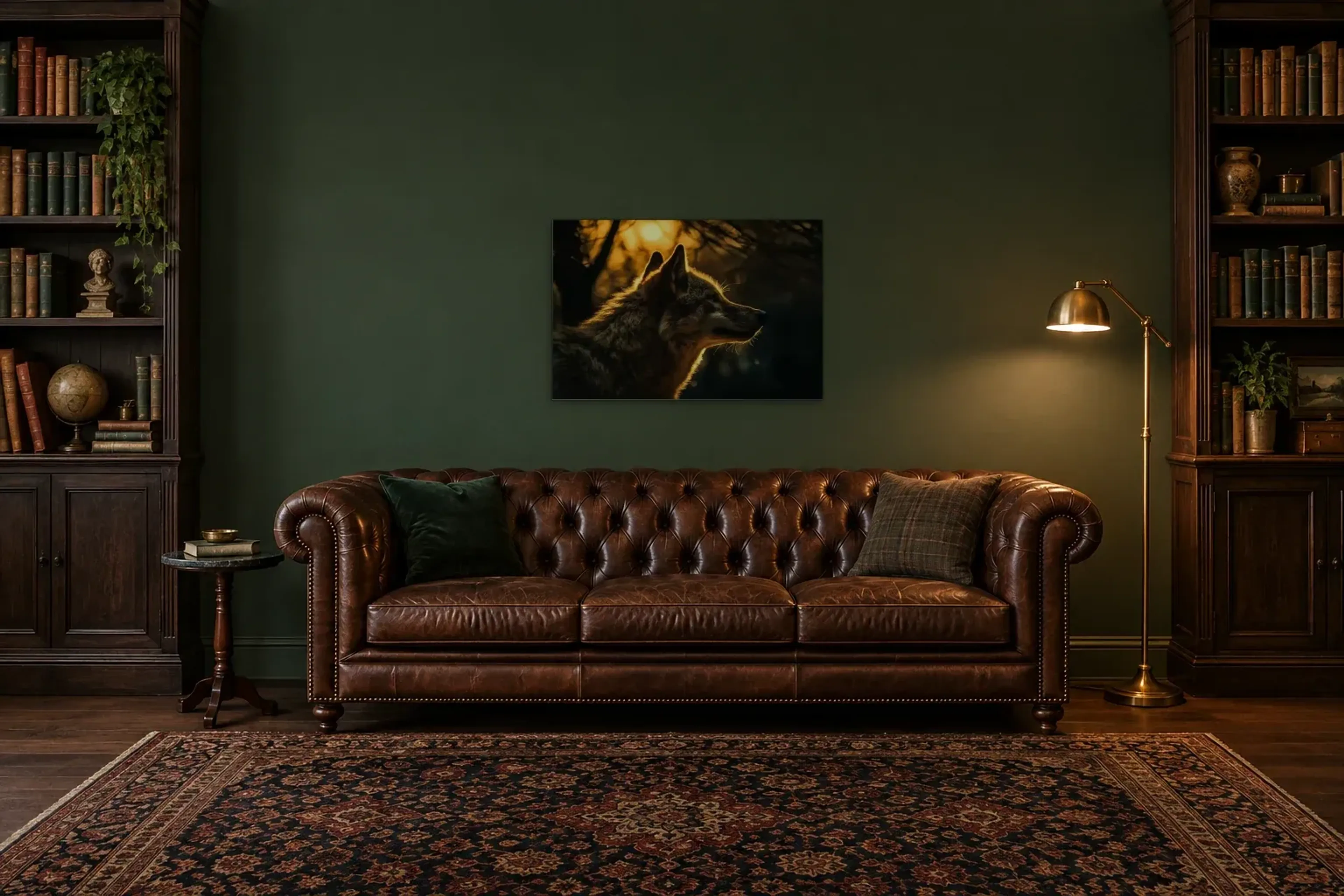 Wolf im Abendlicht als Wandbild über einem 200-cm-Chesterfield-Sofa