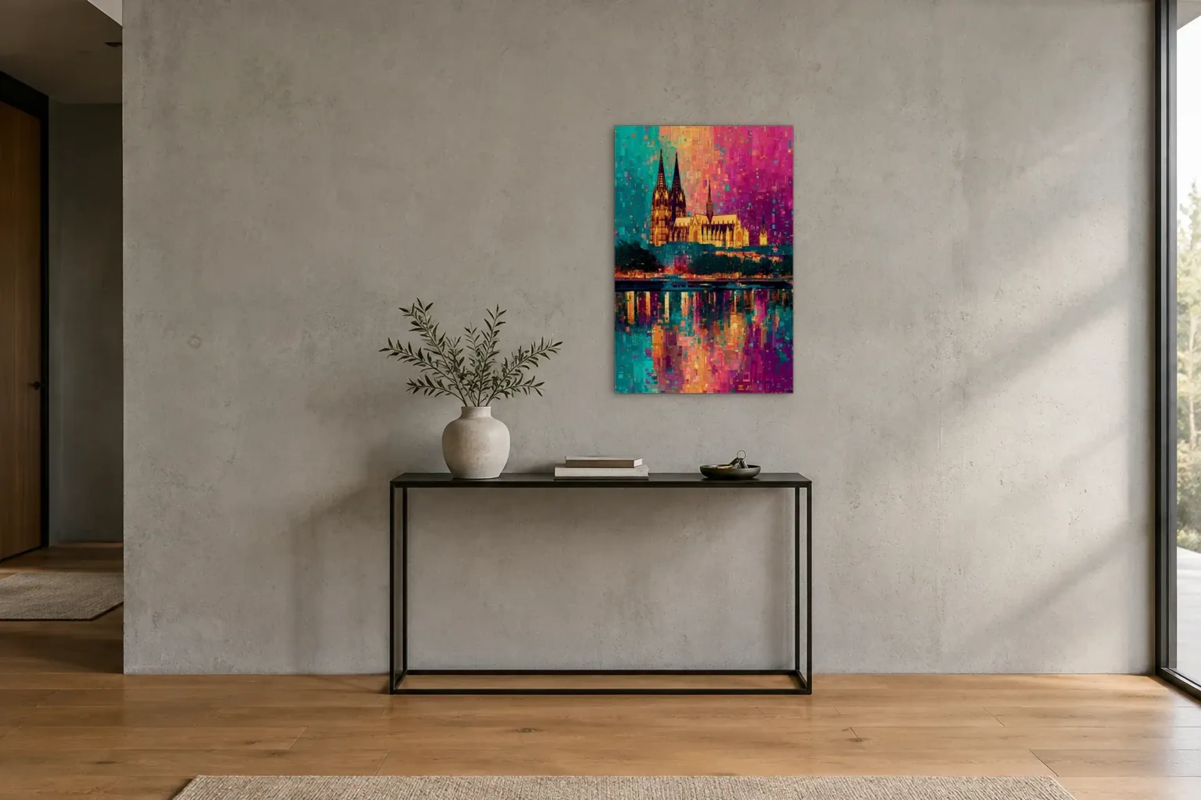 Kölner Dom im Farbenspiel als Wandbild über einer 120-cm-Konsole